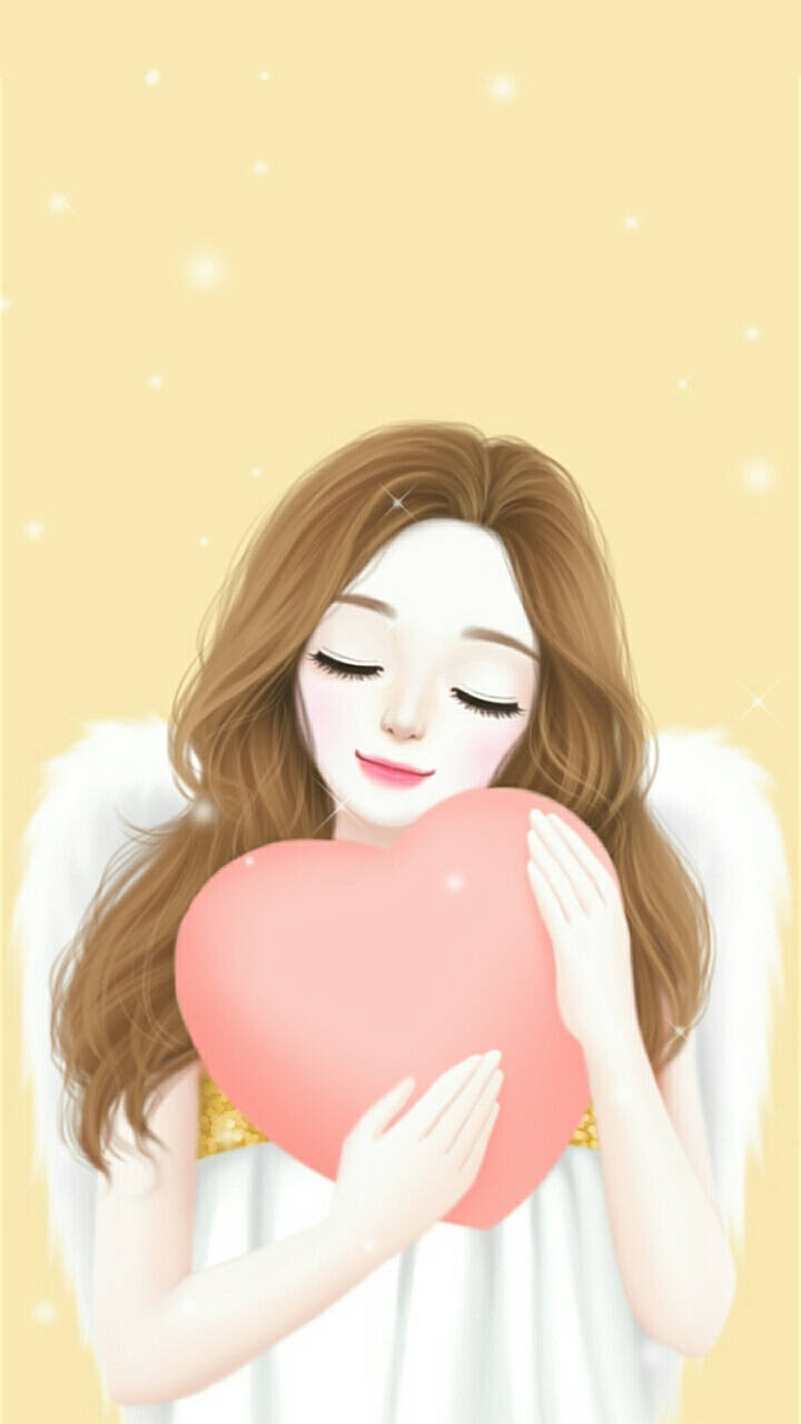 angel, brown hair, glowing pink heart, HD Phone Wallpaper