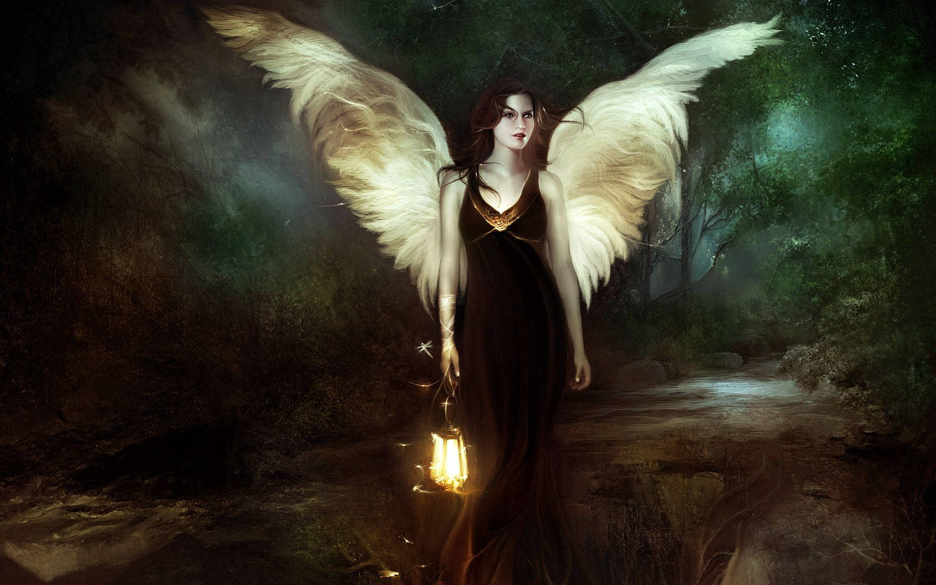 Angel, white wings, glowing lantern, Full HD Desktop Wallpaper