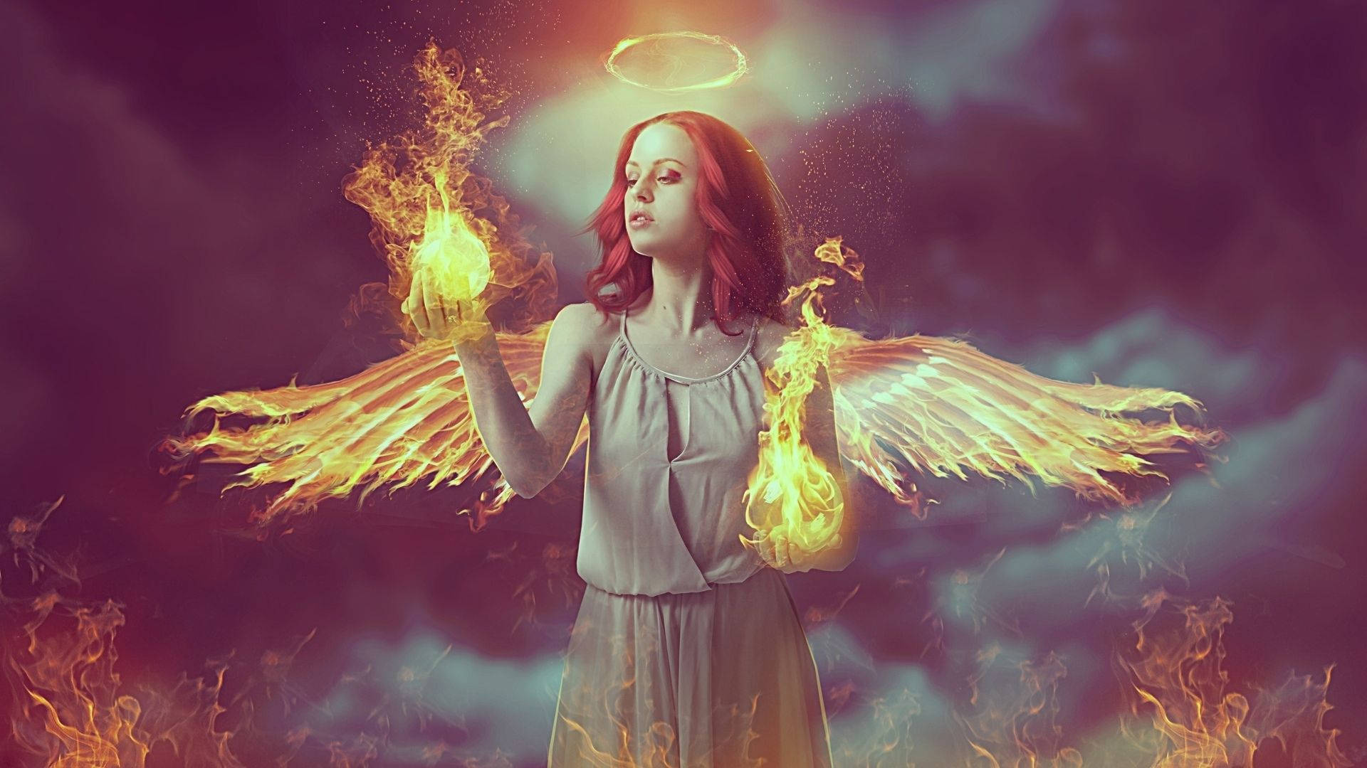 Fire Girl Angel, fiery wings, halo, Full HD Desktop Wallpaper