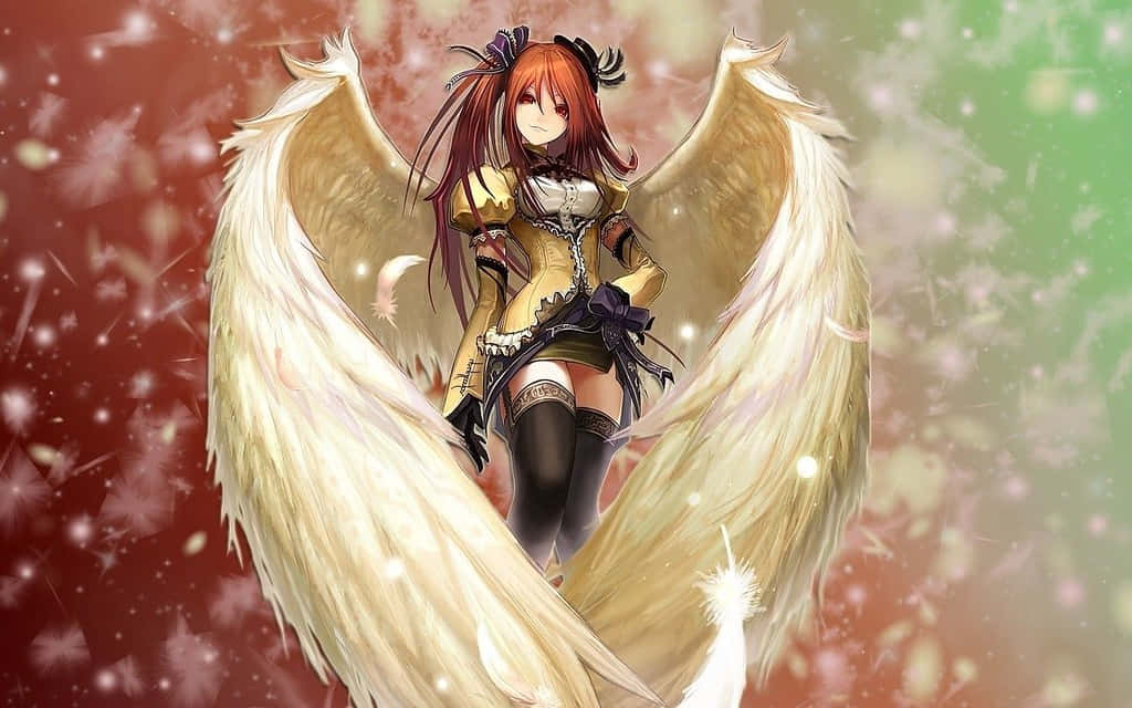 anime girl, large white wings, falling petals, SD Desktop Wallpaper