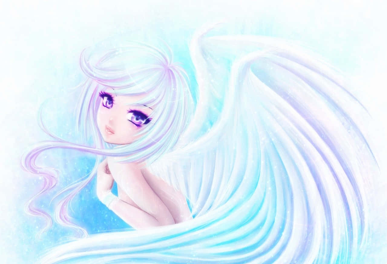 anime angel, flowing silver hair, luminous wings, SD Desktop Wallpaper