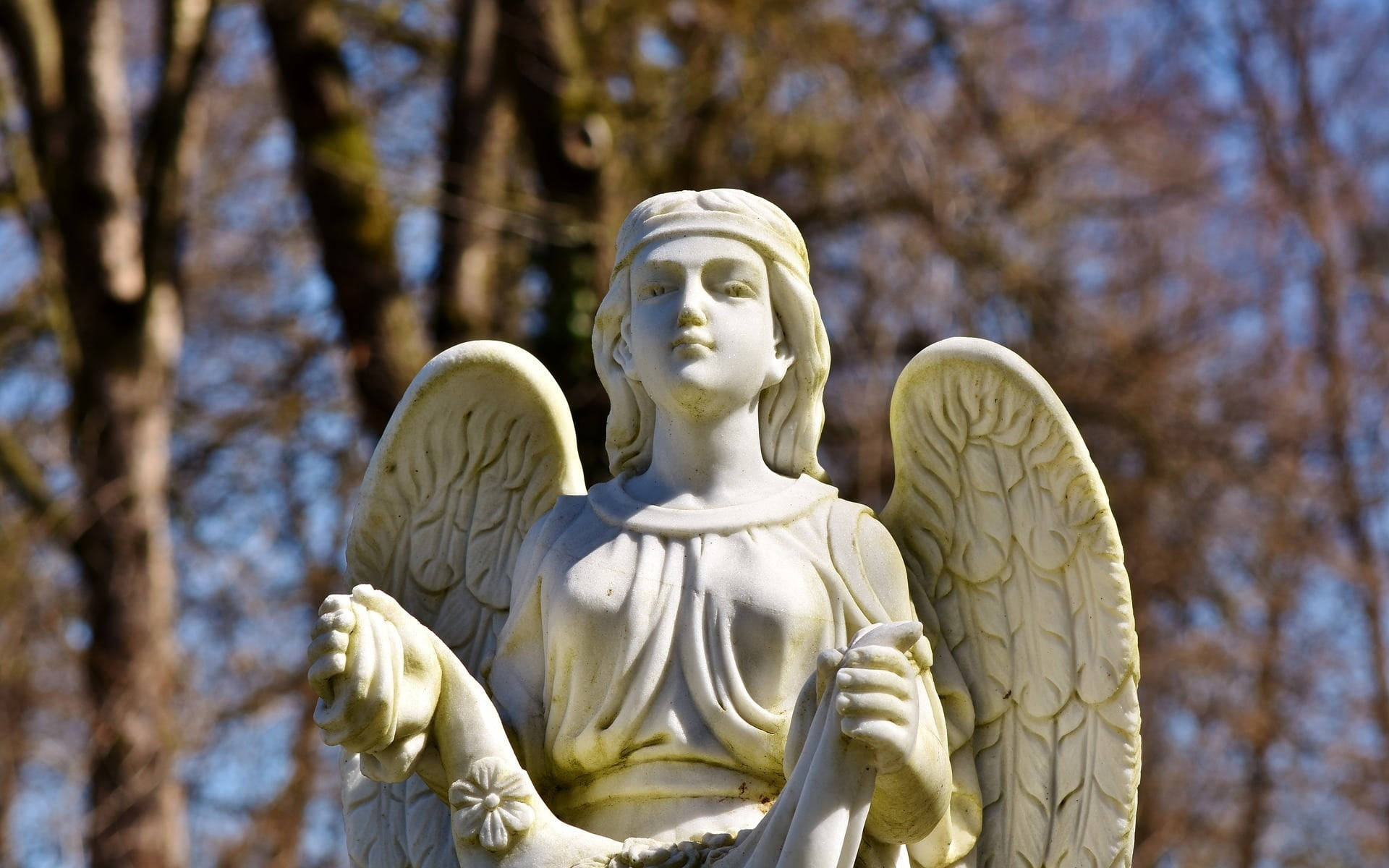 angel statue, white stone, detailed wings, Full HD Desktop Wallpaper