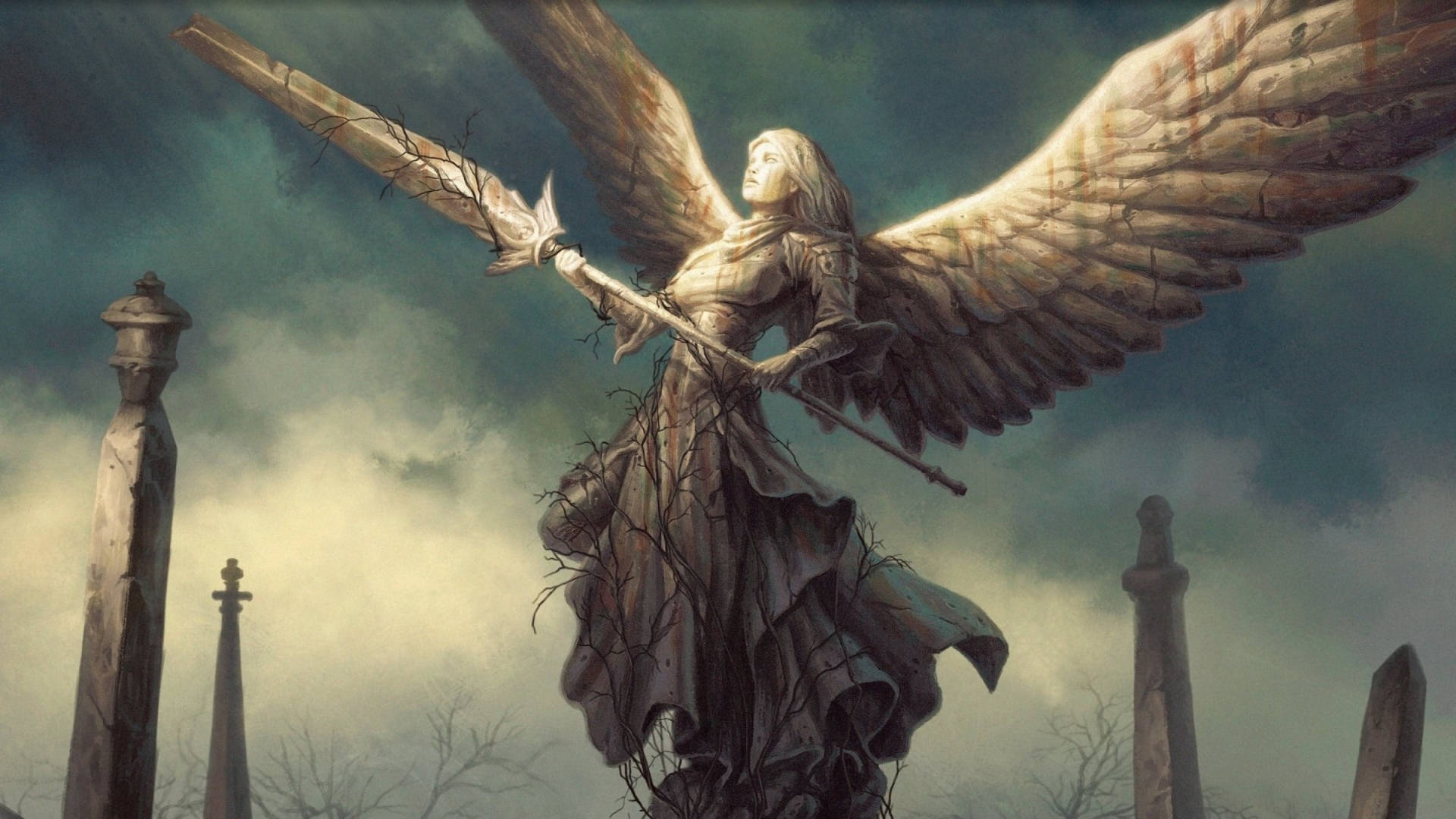 Angel Statue, winged angel, crumbling gravestones, Full HD Desktop Wallpaper
