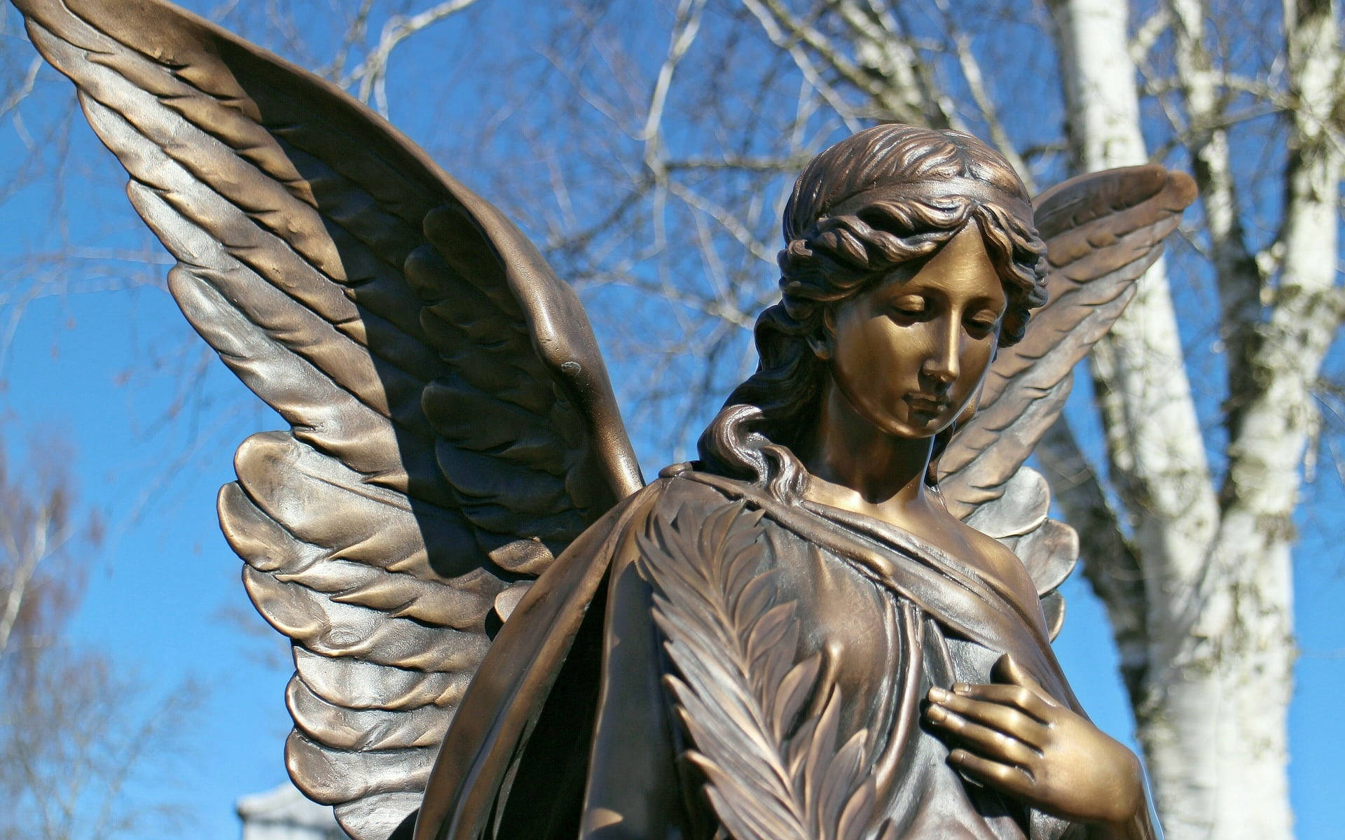 angel statue, open wings, bronze, Full HD Desktop Wallpaper