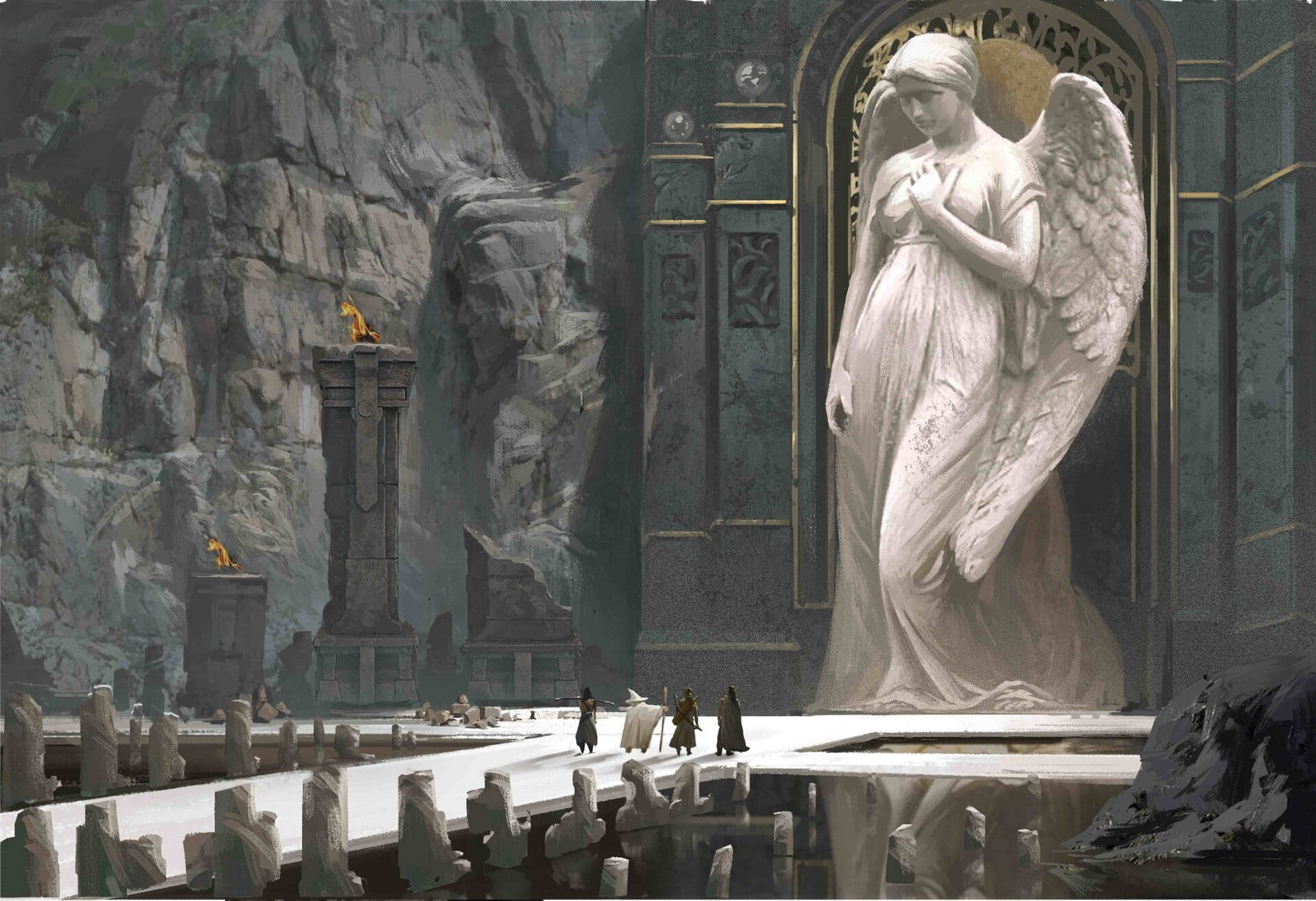 giant angel statue, stone angel statue, cavernous ruin, Full HD Desktop Wallpaper