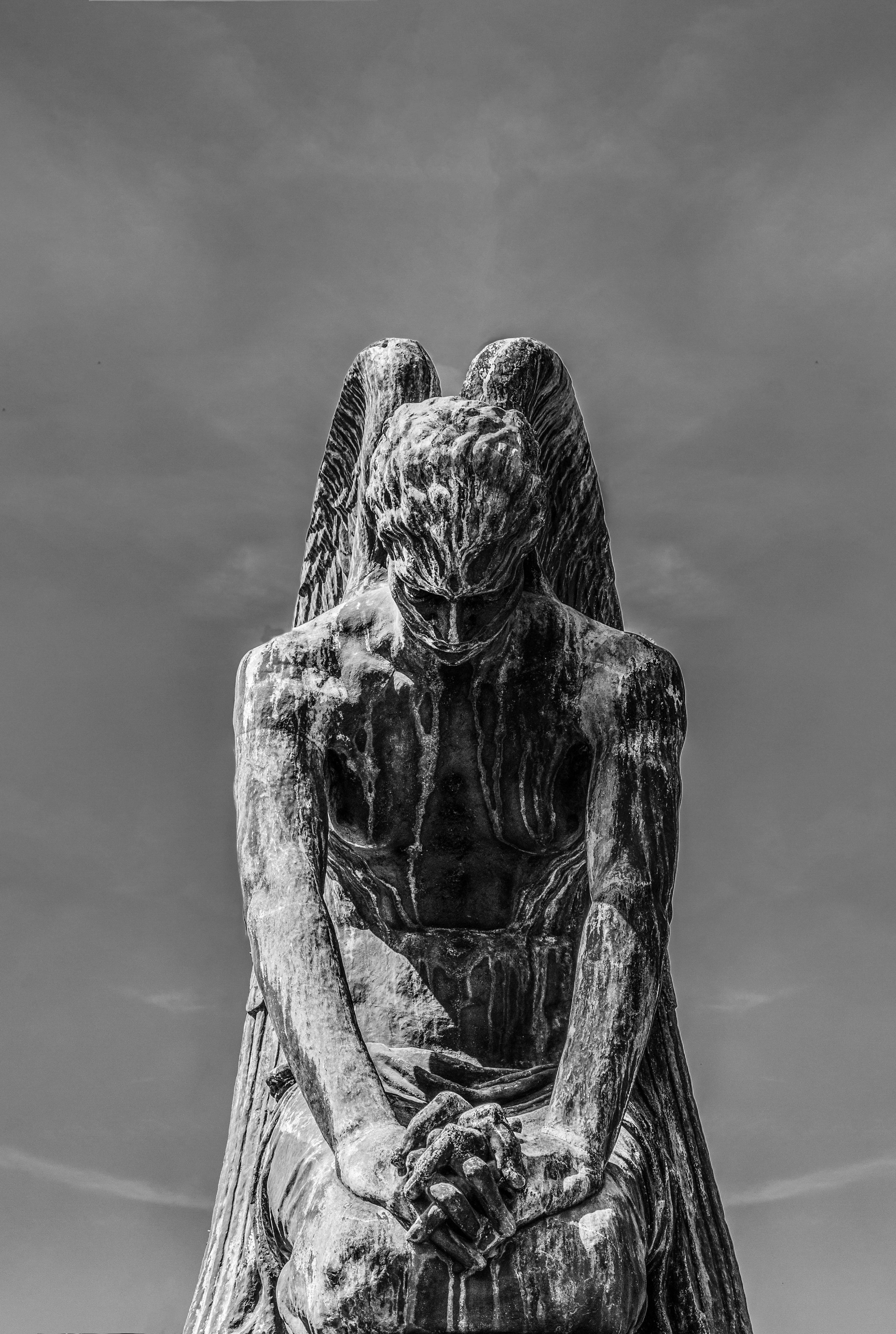 angel statue, black and white, weathered stone, 4K Phone Wallpaper