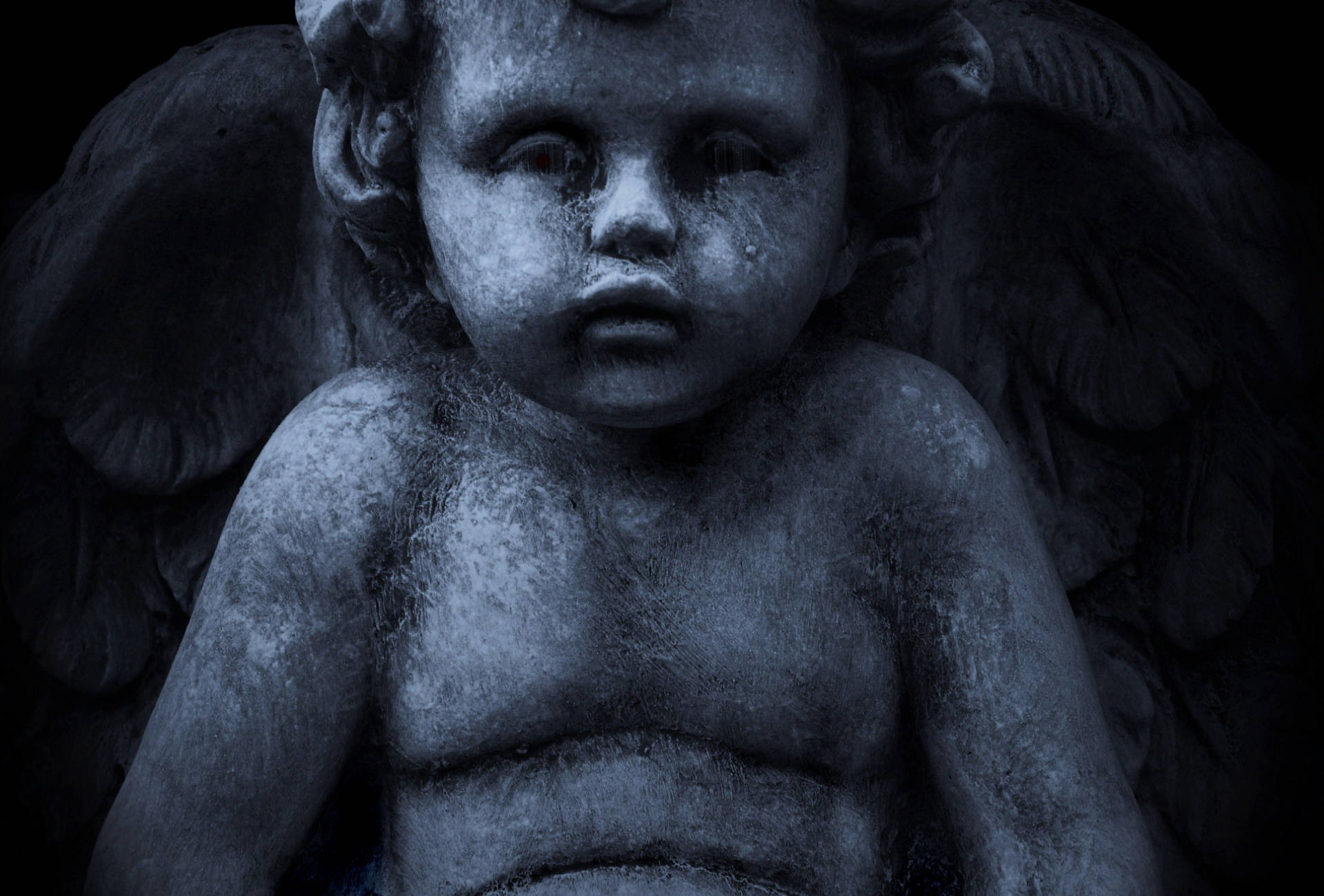 baby angel statue, dark, weathered stone, Full HD Desktop Wallpaper