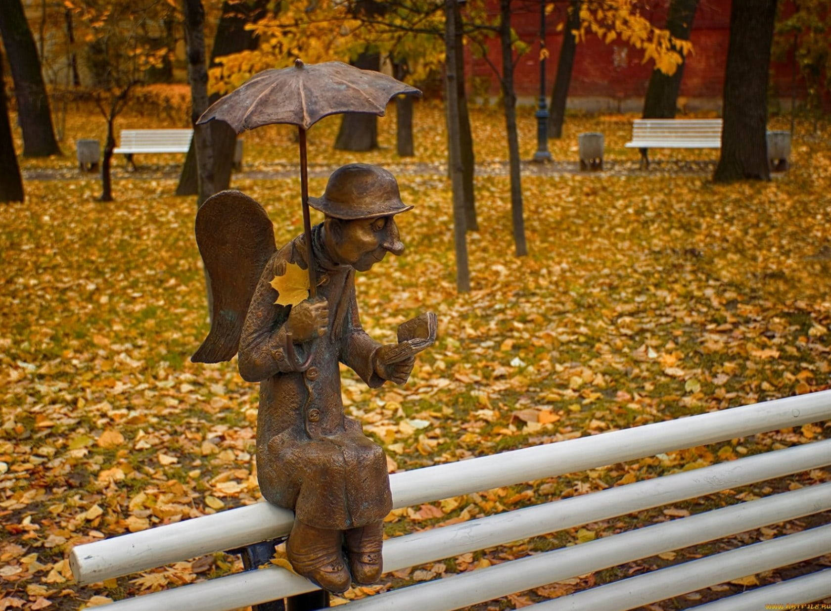 angel statue, bronze, umbrella, HD Desktop Wallpaper
