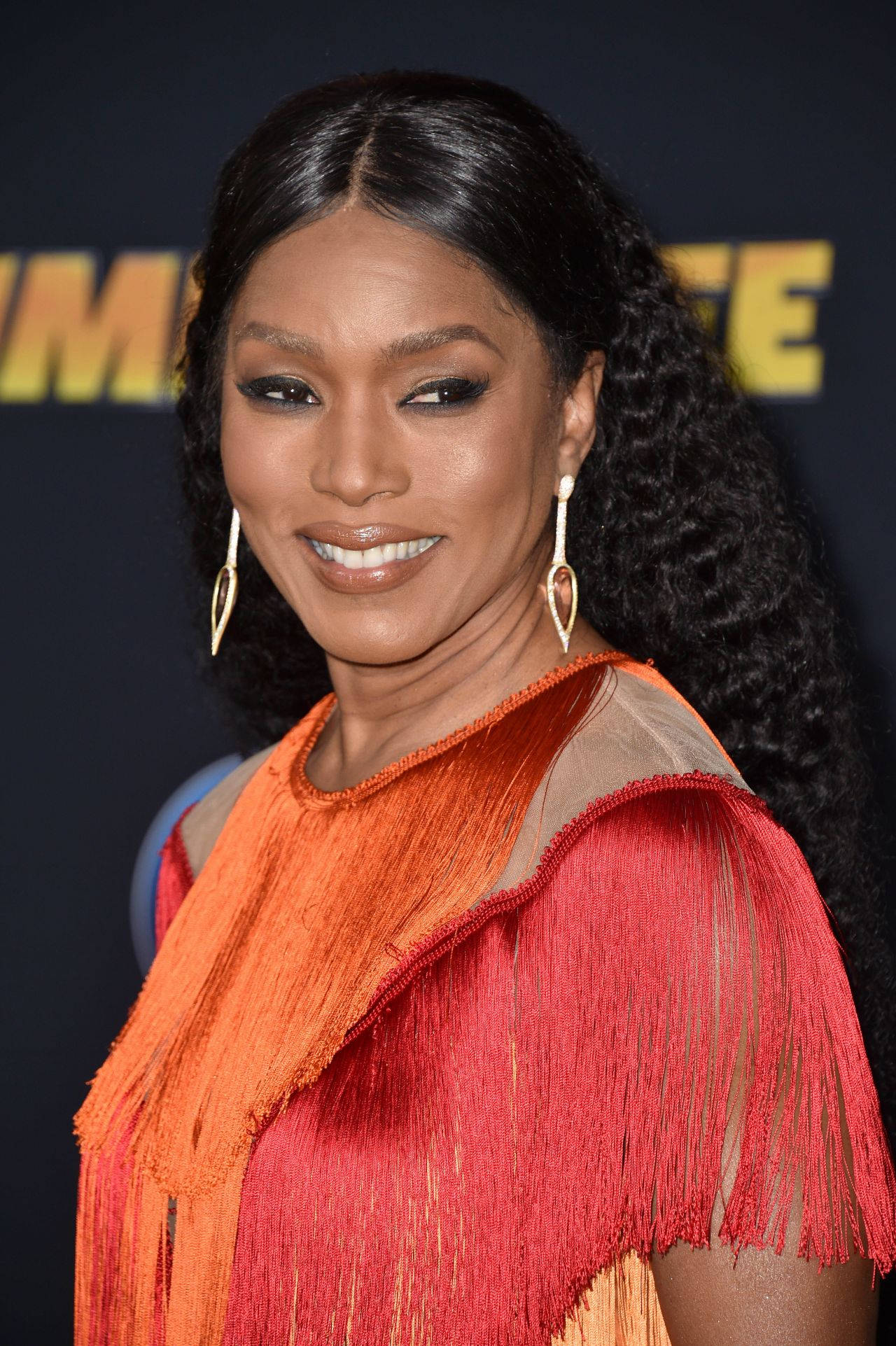 Angela Bassett, vibrant orange and red fringed dress, glamorous event, Full HD Phone Wallpaper