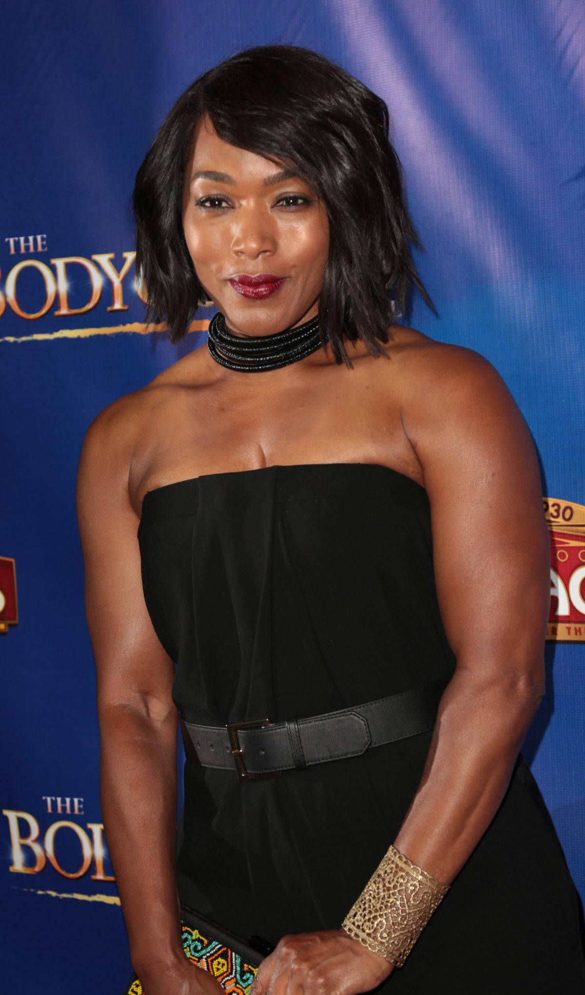 Angela Bassett, black strapless dress, gold cuffs, Full HD Phone Wallpaper