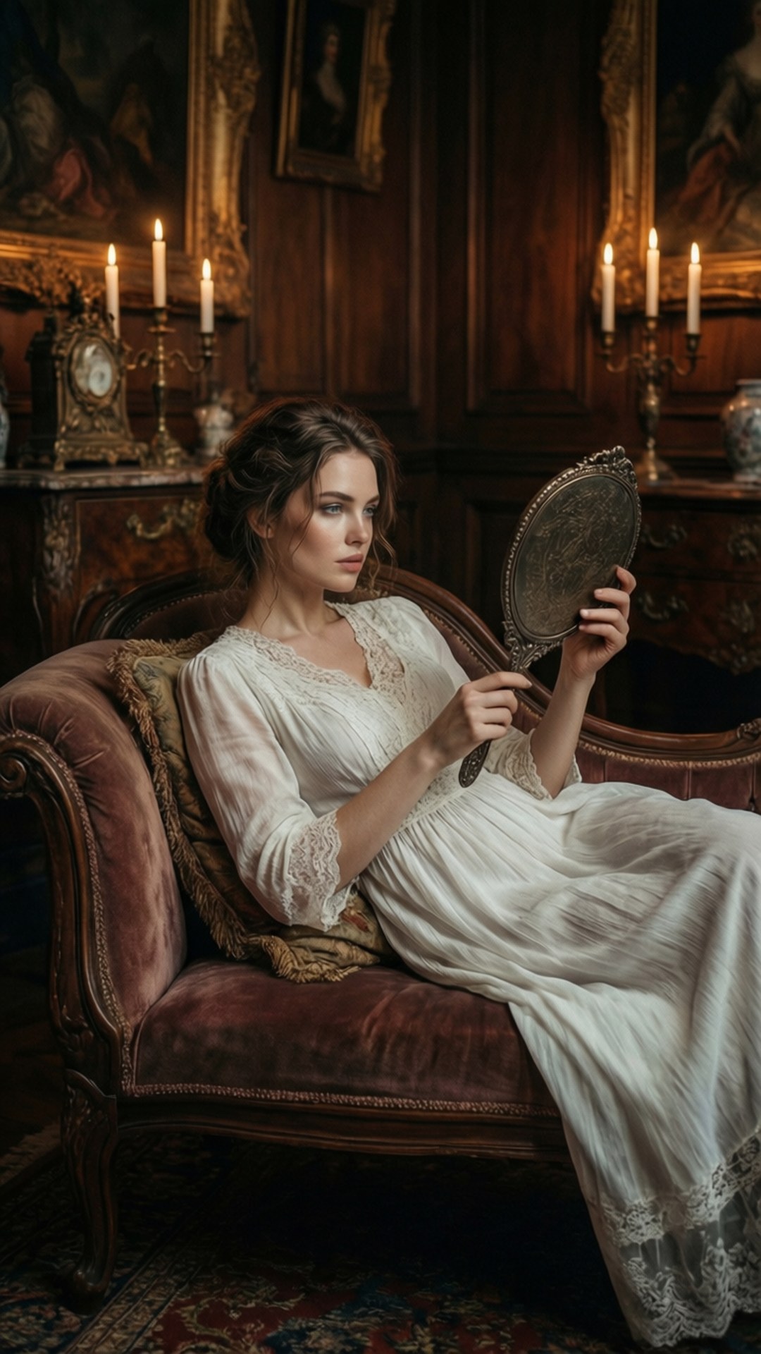 Angela Blanc, Victorian setting, candlelight, Full HD Phone Wallpaper