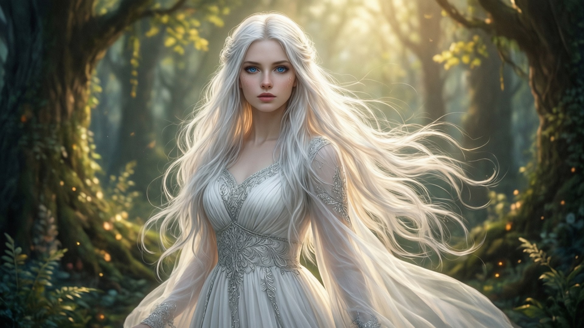 Angela Blanc, enchanted forest, golden sunlight, Full HD Desktop Wallpaper
