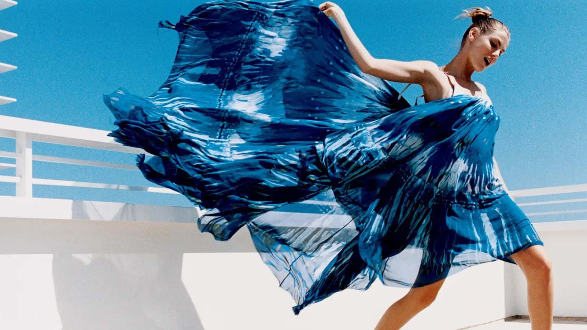 Angela Lindvall, flowing blue dress, bright blue sky, Full HD Desktop Wallpaper