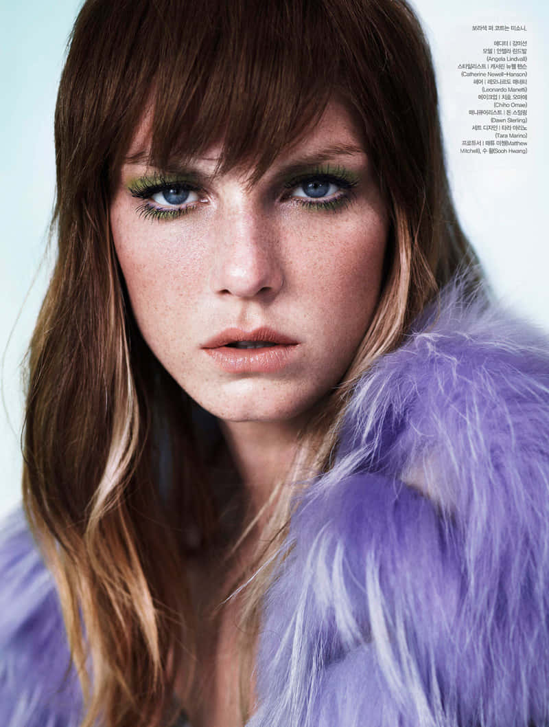 Angela Lindvall, purple fur collar, blue eyes, SD Phone Wallpaper
