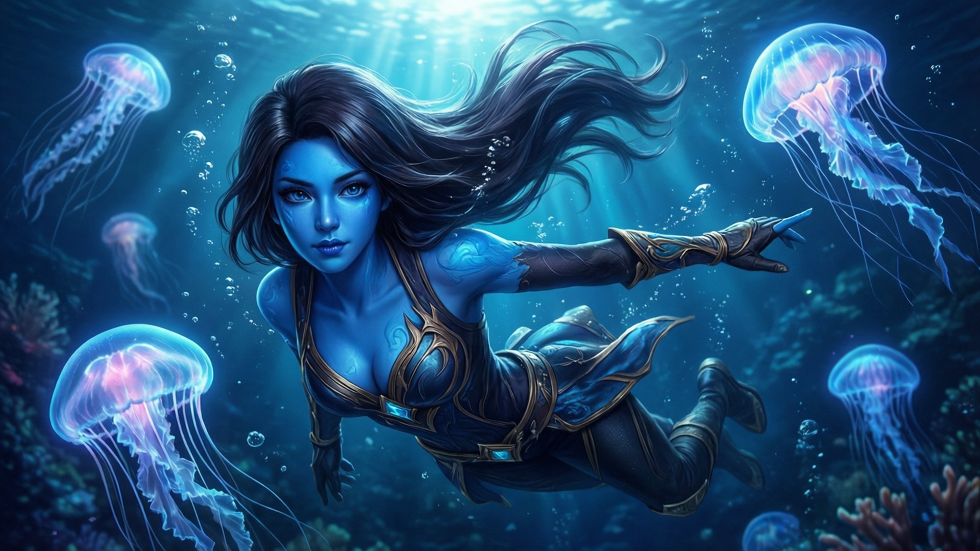Angela, Blue skin, underwater fantasy world, Full HD Desktop Wallpaper