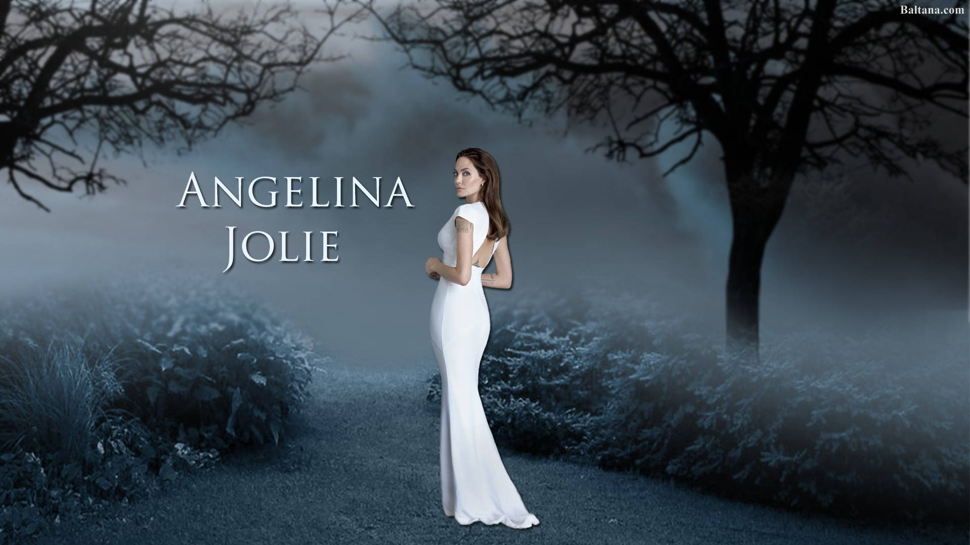 Angelina Jolie, white gown, misty path, Full HD Desktop Wallpaper