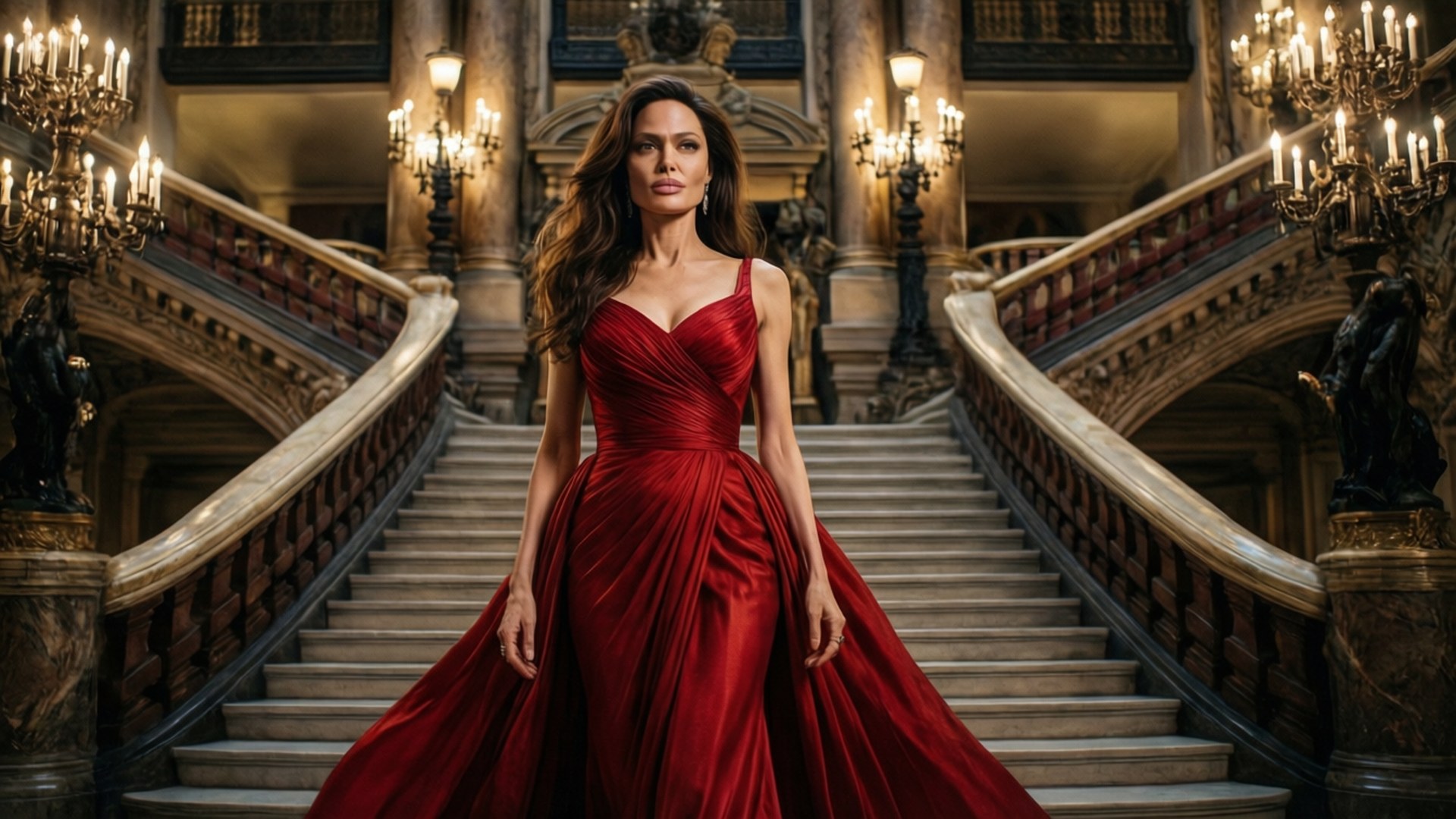 palace entrance, grand staircase, stunning red gown, Full HD Desktop Wallpaper