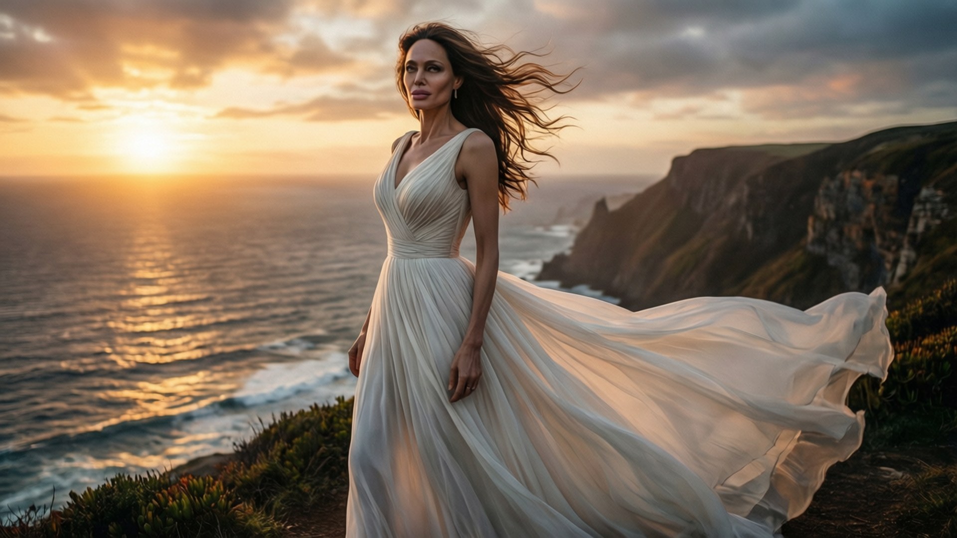 Angelina Jolie, cliff, sunset, Full HD Desktop Wallpaper
