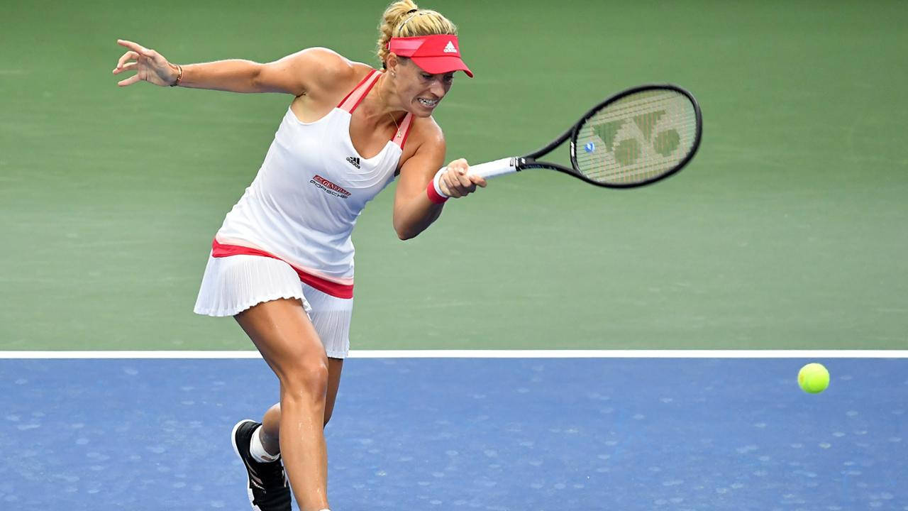 Angelique Kerber, white and red gear, blue and green court, HD Desktop Wallpaper