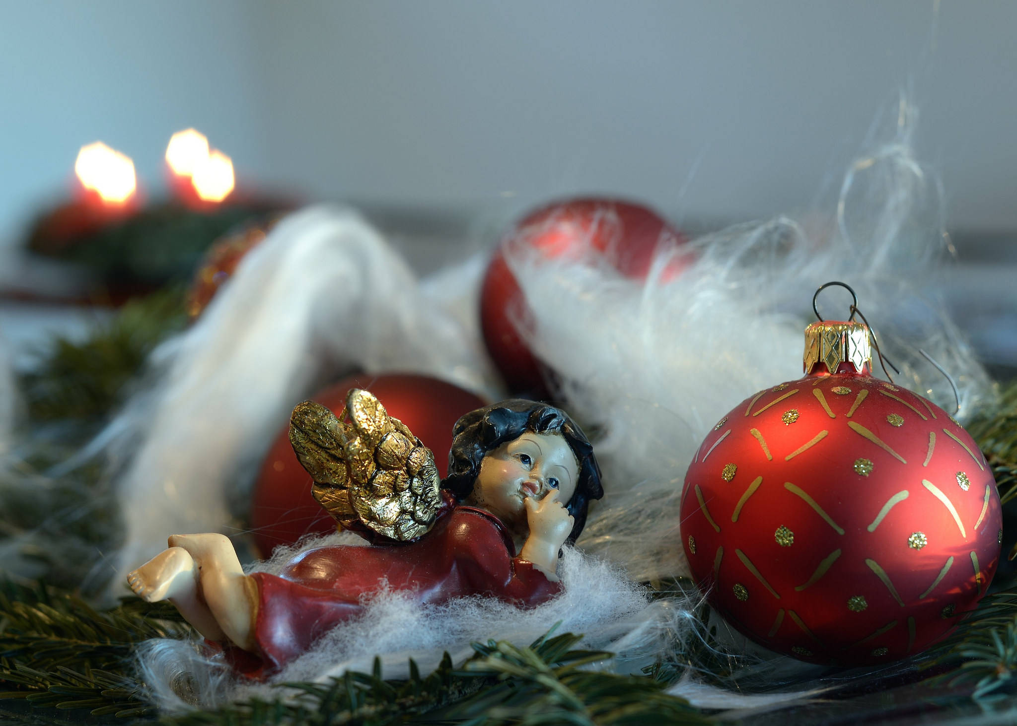 Angels In Heaven, red angel figurine, white fluff pine needles, Full HD Desktop Wallpaper