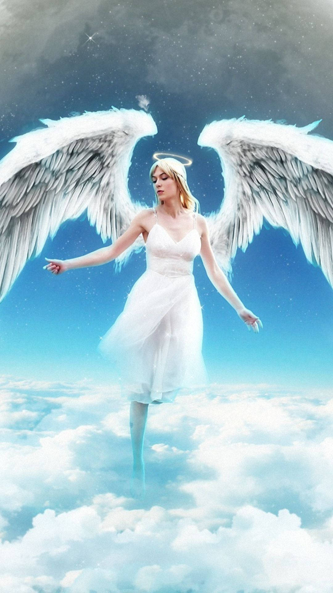 Angels In Heaven, white dress, fluffy clouds, Full HD Phone Wallpaper