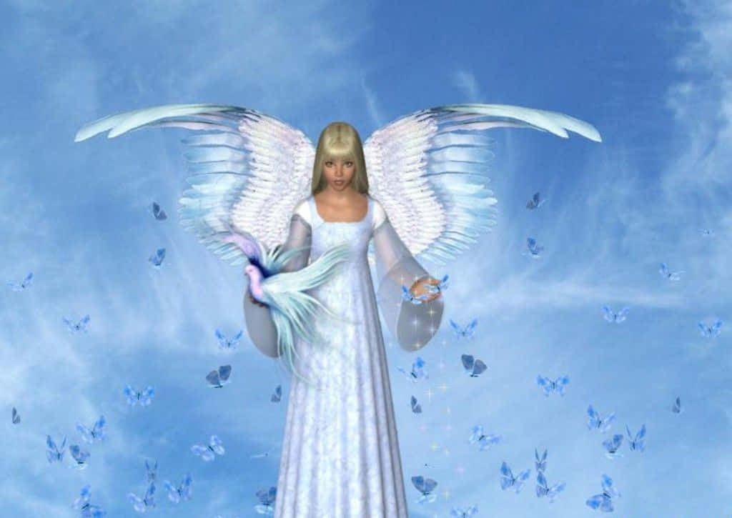 cute angel, white dress, expansive white wings, SD Desktop Wallpaper