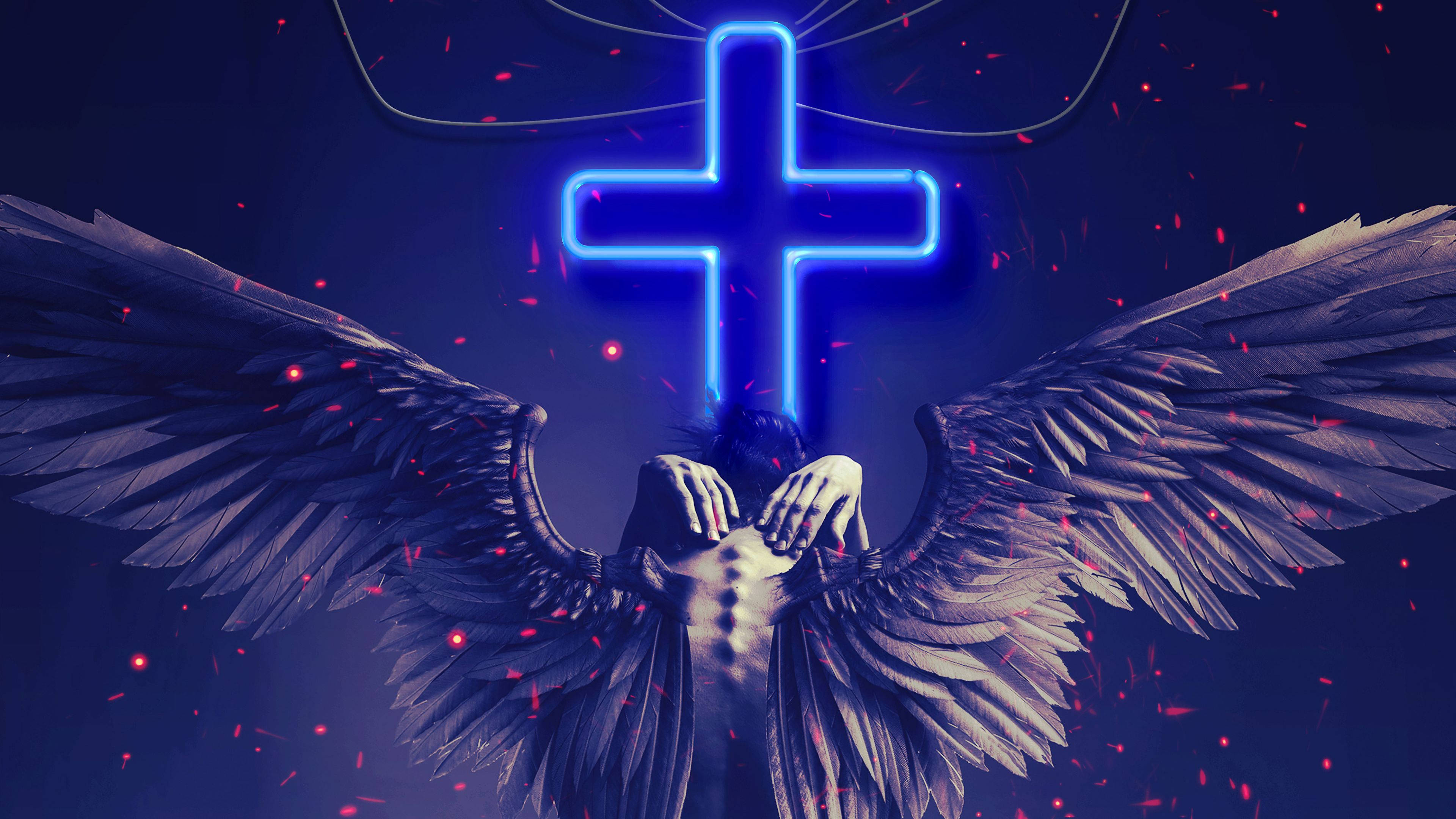 Angels In Heaven, blue neon cross, dark blue background, 4K Desktop Wallpaper
