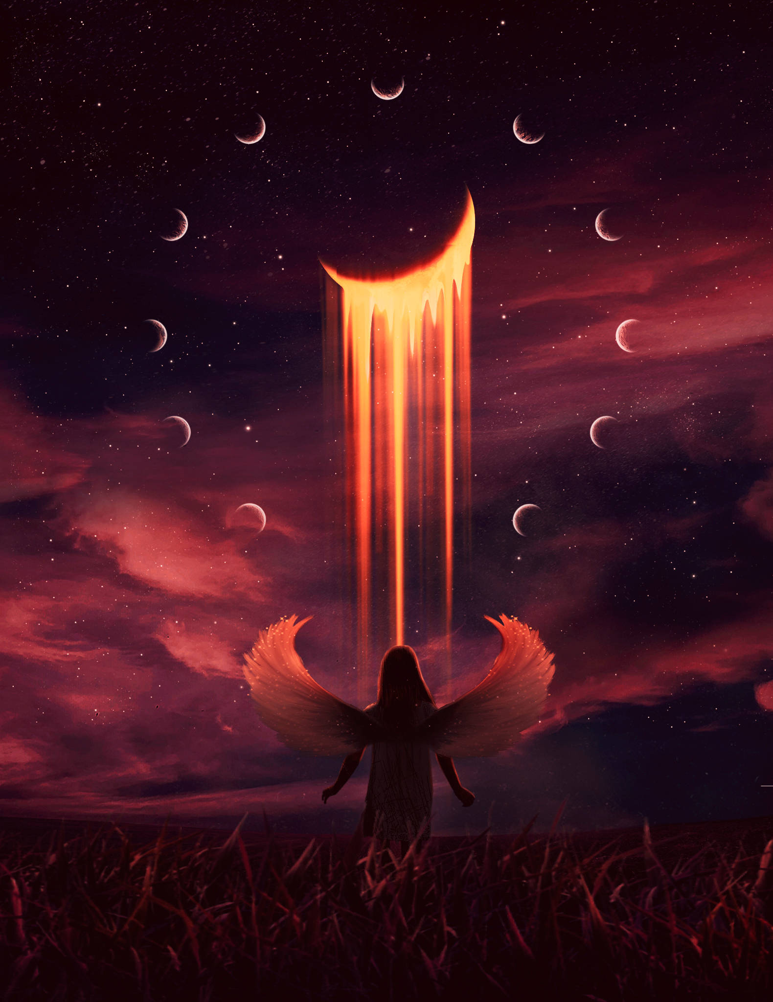 Angels In Heaven, red background, crescent moons, Full HD Phone Wallpaper
