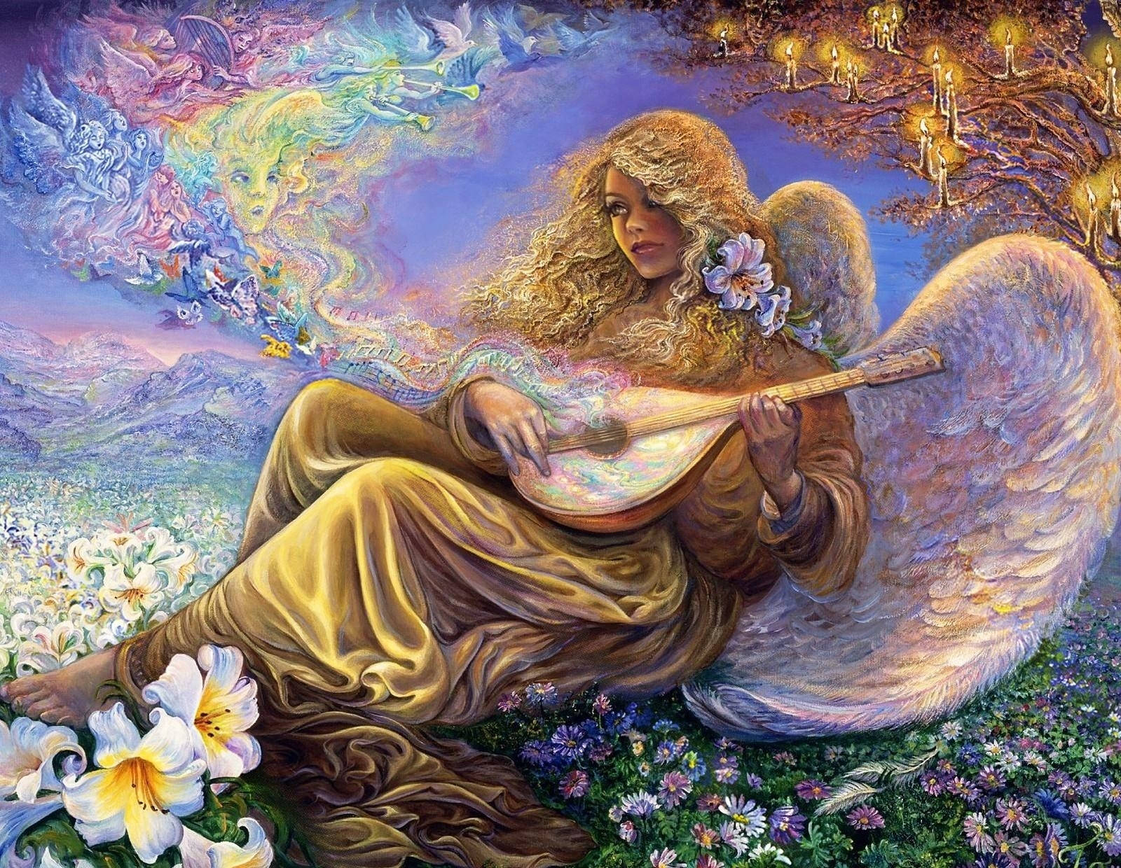 Angels In Heaven, lute, golden hair, HD Desktop Wallpaper