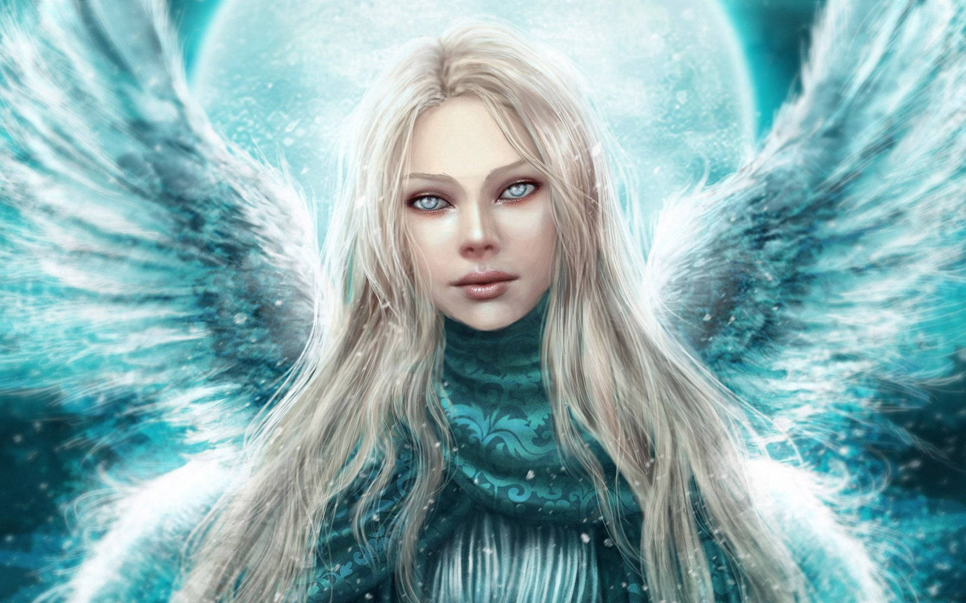 Angels In Heaven, long white hair, icy blue wings, Full HD Desktop Wallpaper