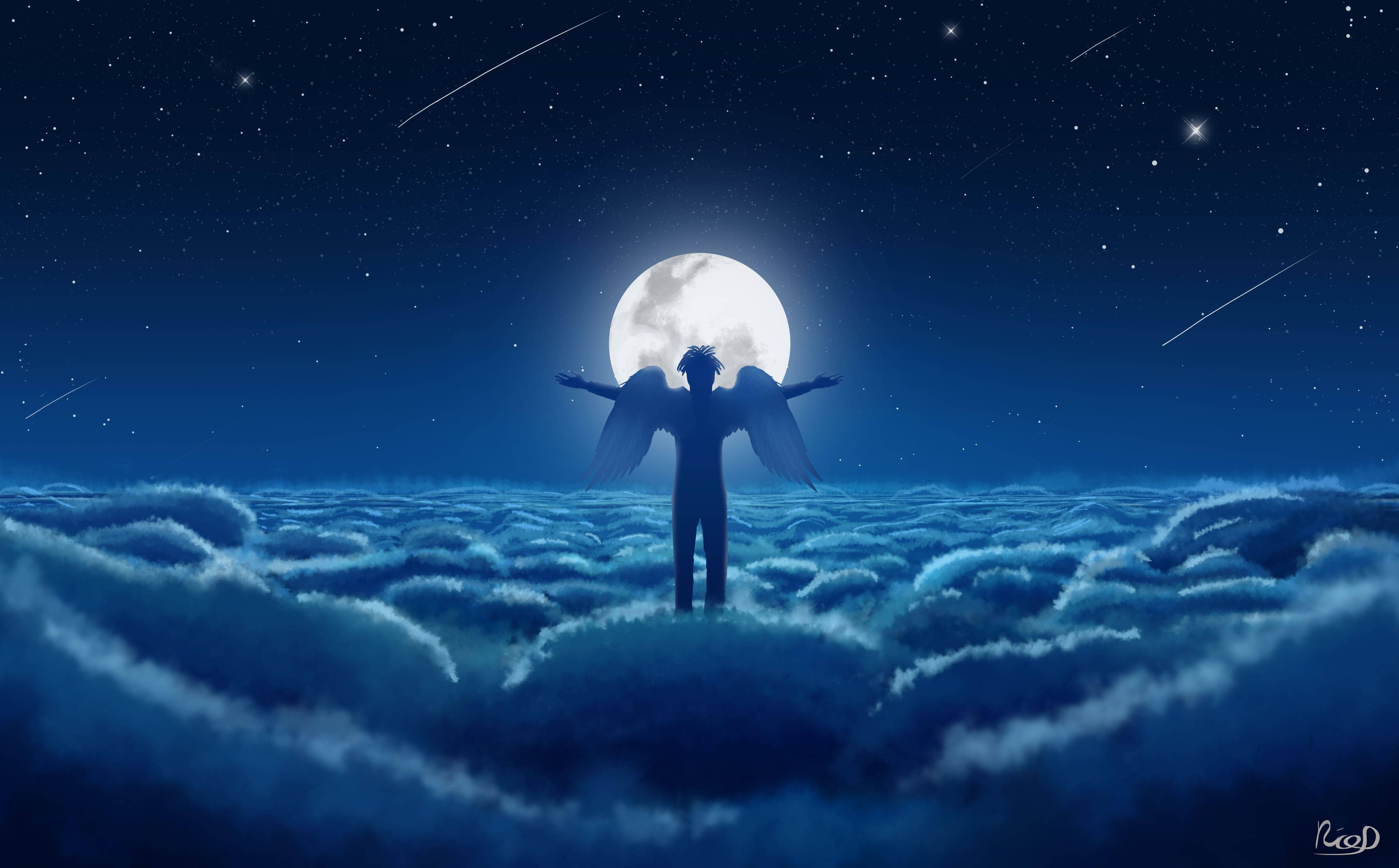 Angels In Heaven, shooting stars, moon, 4K Desktop Wallpaper