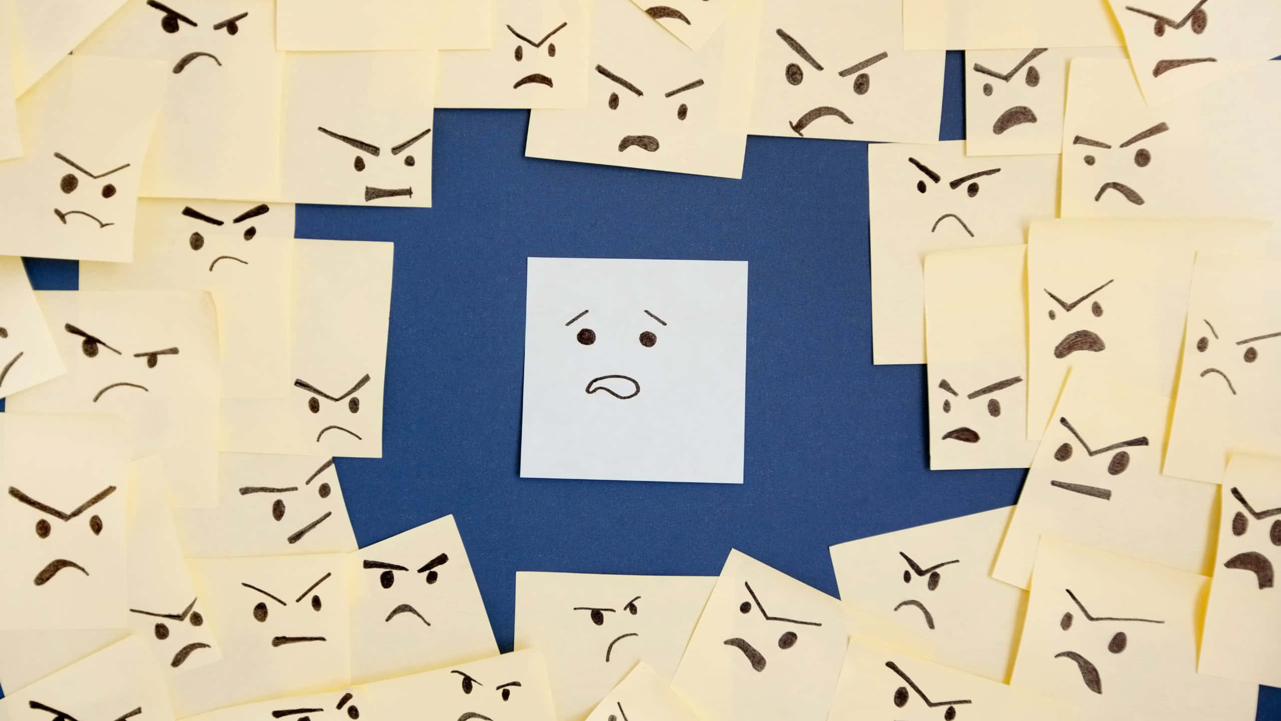 sad face sticky note, angry face sticky note, blue surface, 2K Desktop Wallpaper