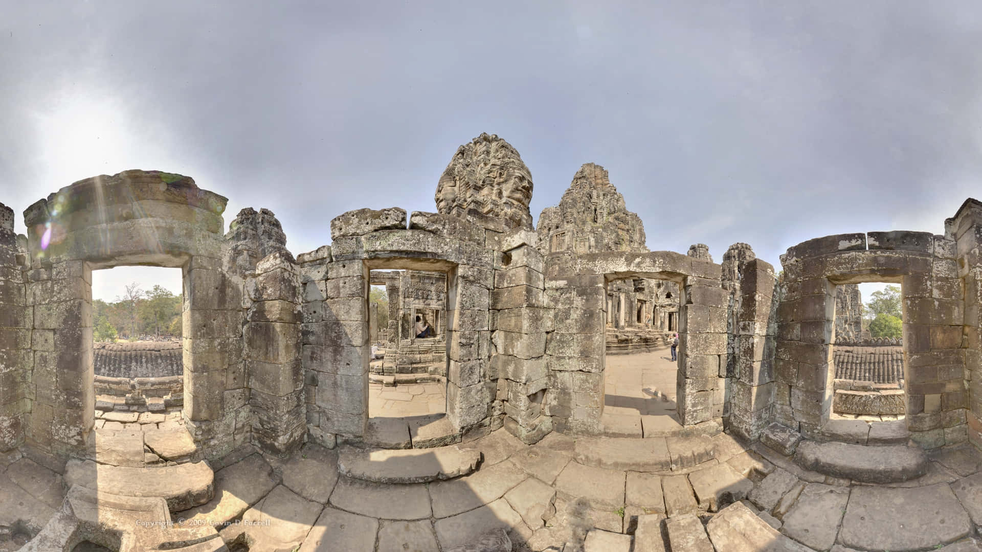 Angkor Thom, gray sky, ancient stone temple ruins, Full HD Desktop Wallpaper