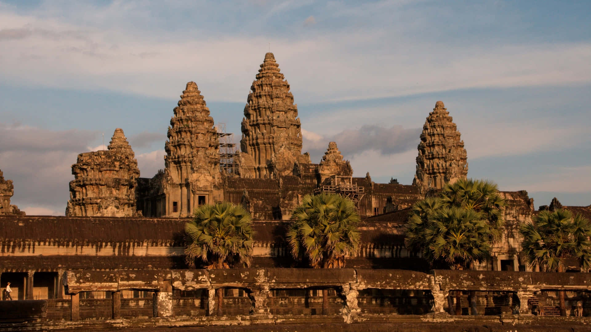 Angkor Thom, ancient stone temple towers, soft blue sky, Full HD Desktop Wallpaper