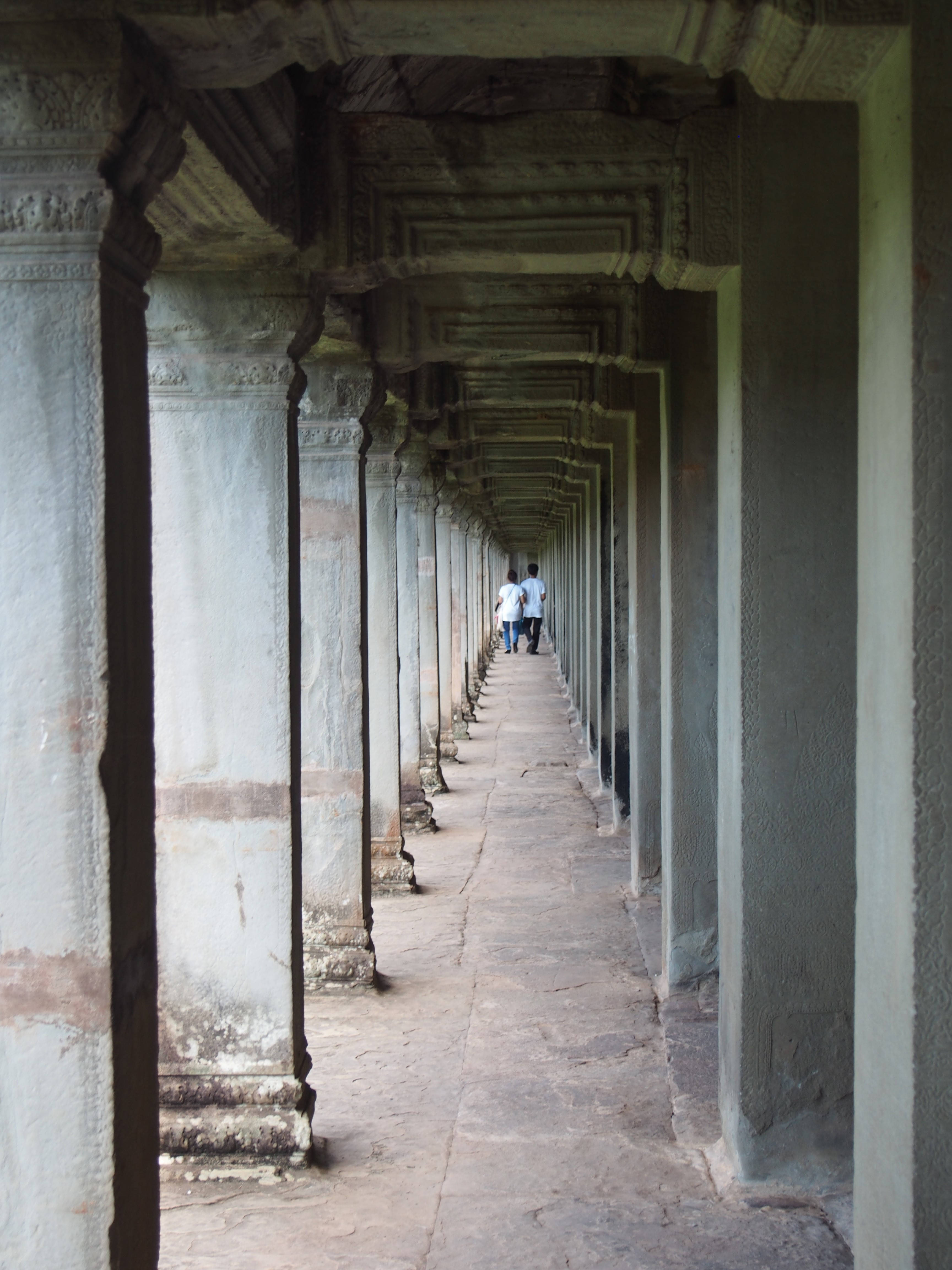 Angkor Wat, stone corridor, weathered pillars, 4K Phone Wallpaper
