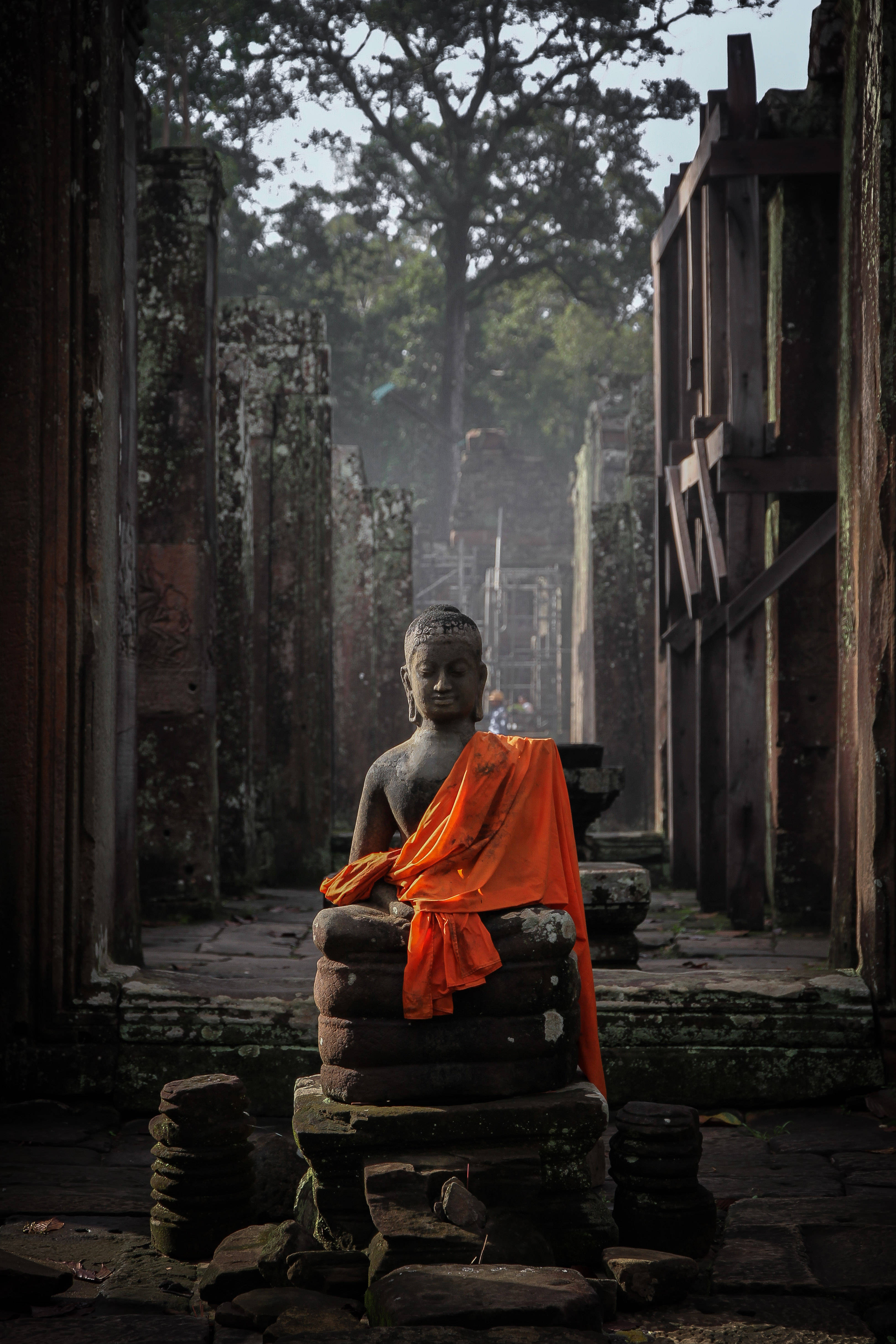 monk statue, Angkor Wat, vibrant orange cloth, 4K Phone Wallpaper