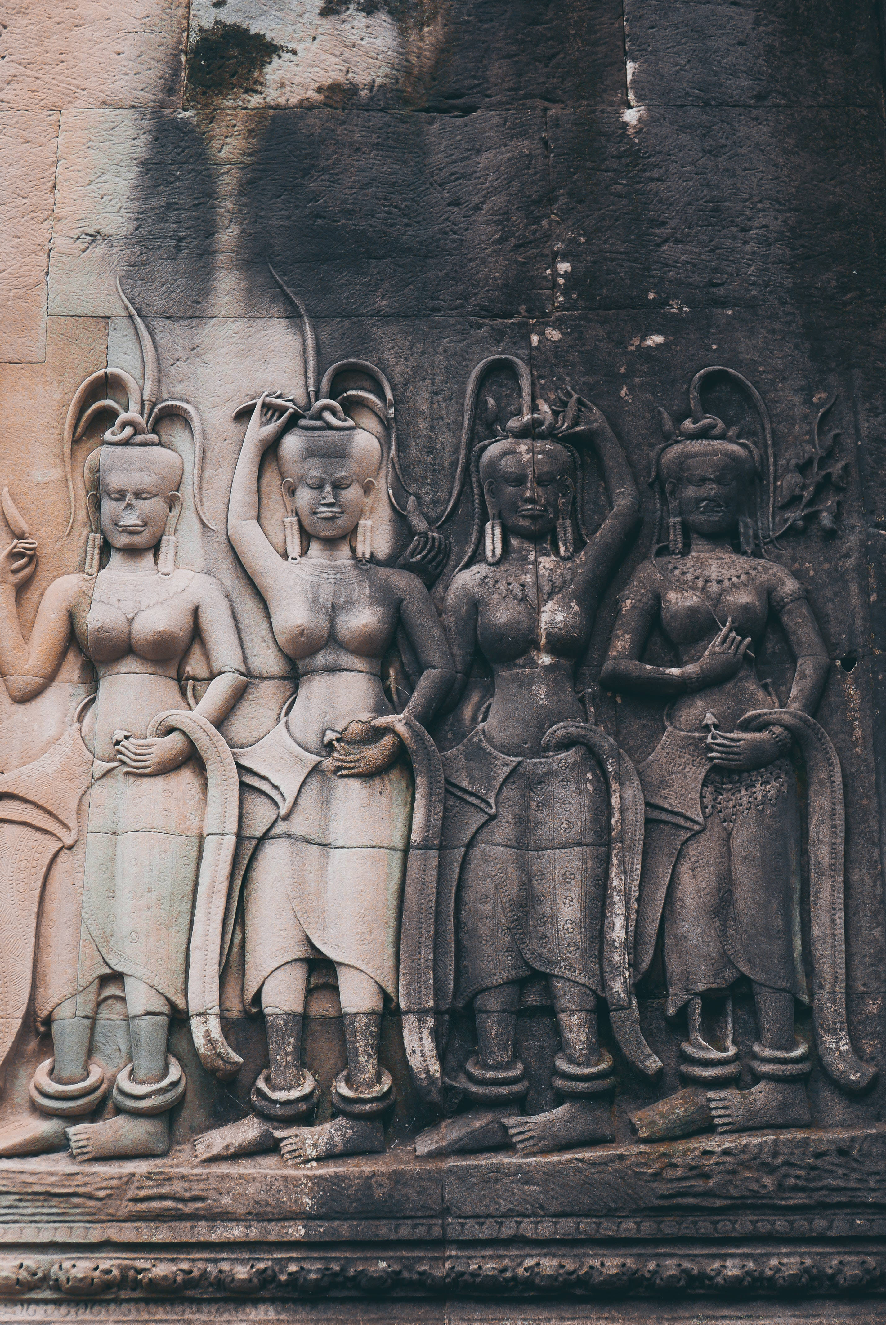 Angkor Wat, stone relief, four serene female figures, 4K Phone Wallpaper