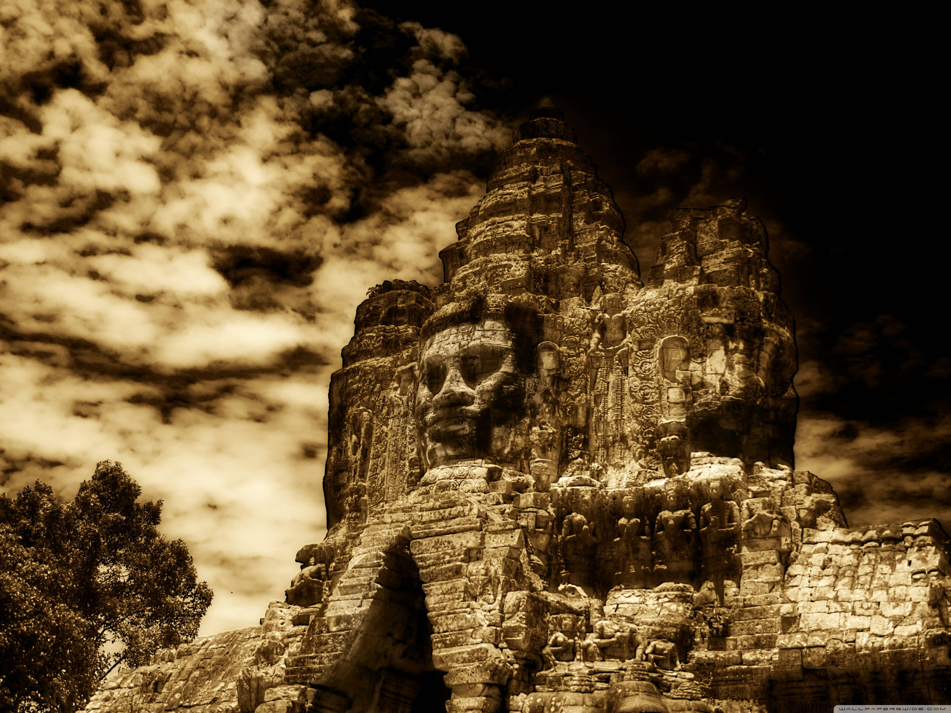 Angkor Wat, brown aesthetic, stone face, 2K Desktop Wallpaper