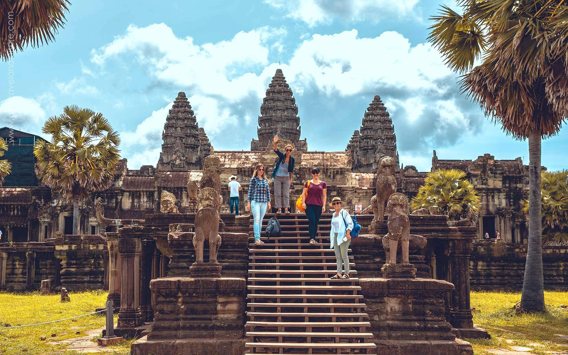 Angkor Wat, stone steps, lion statues, Full HD Desktop Wallpaper