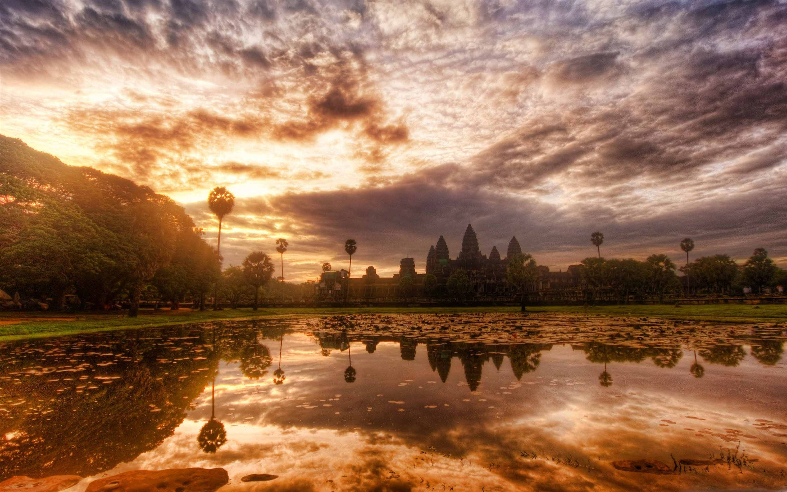 Angkor Wat, sunset sky, golden sunset, 2K Desktop Wallpaper