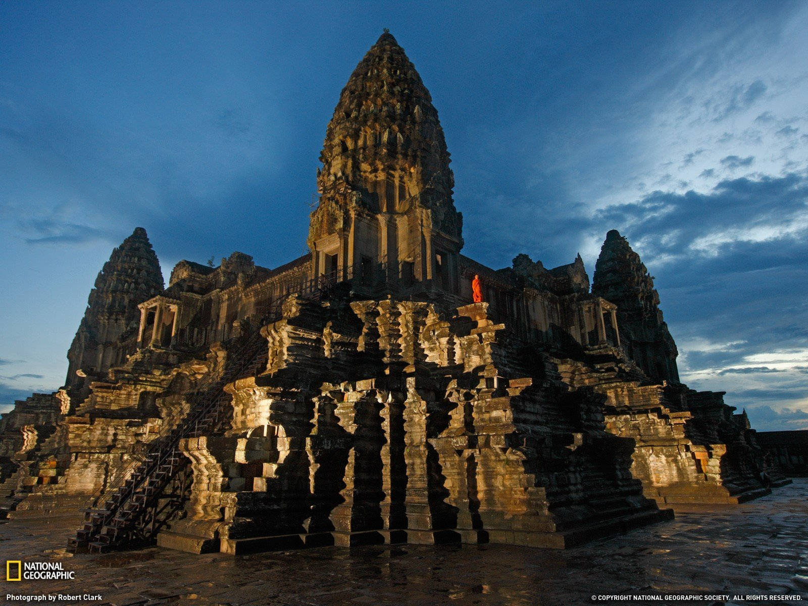 Angkor Wat, golden sunset light, deep blue sky, HD Desktop Wallpaper
