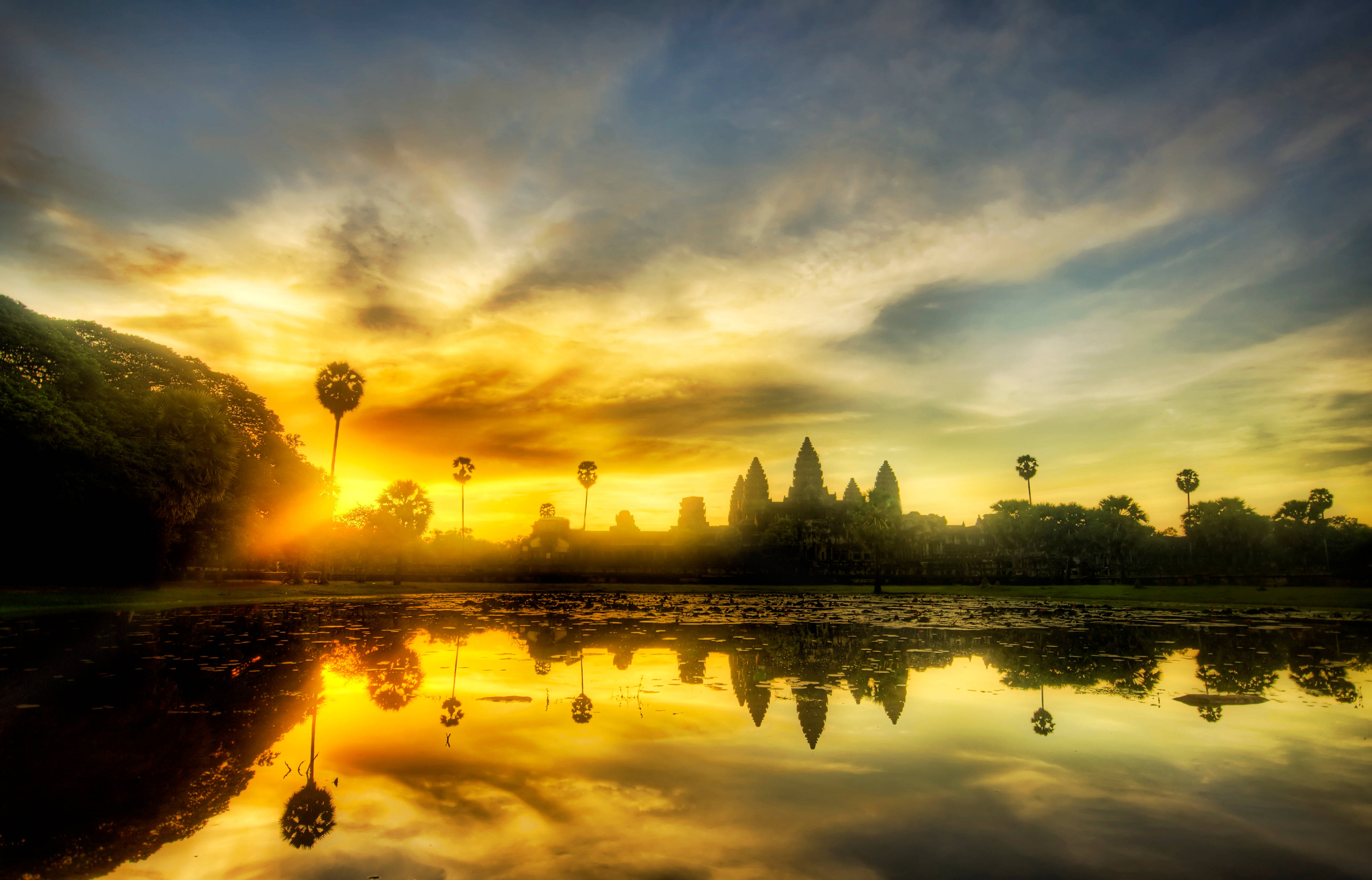 Angkor Wat, sunset sky, golden sunrise, 4K Desktop Wallpaper
