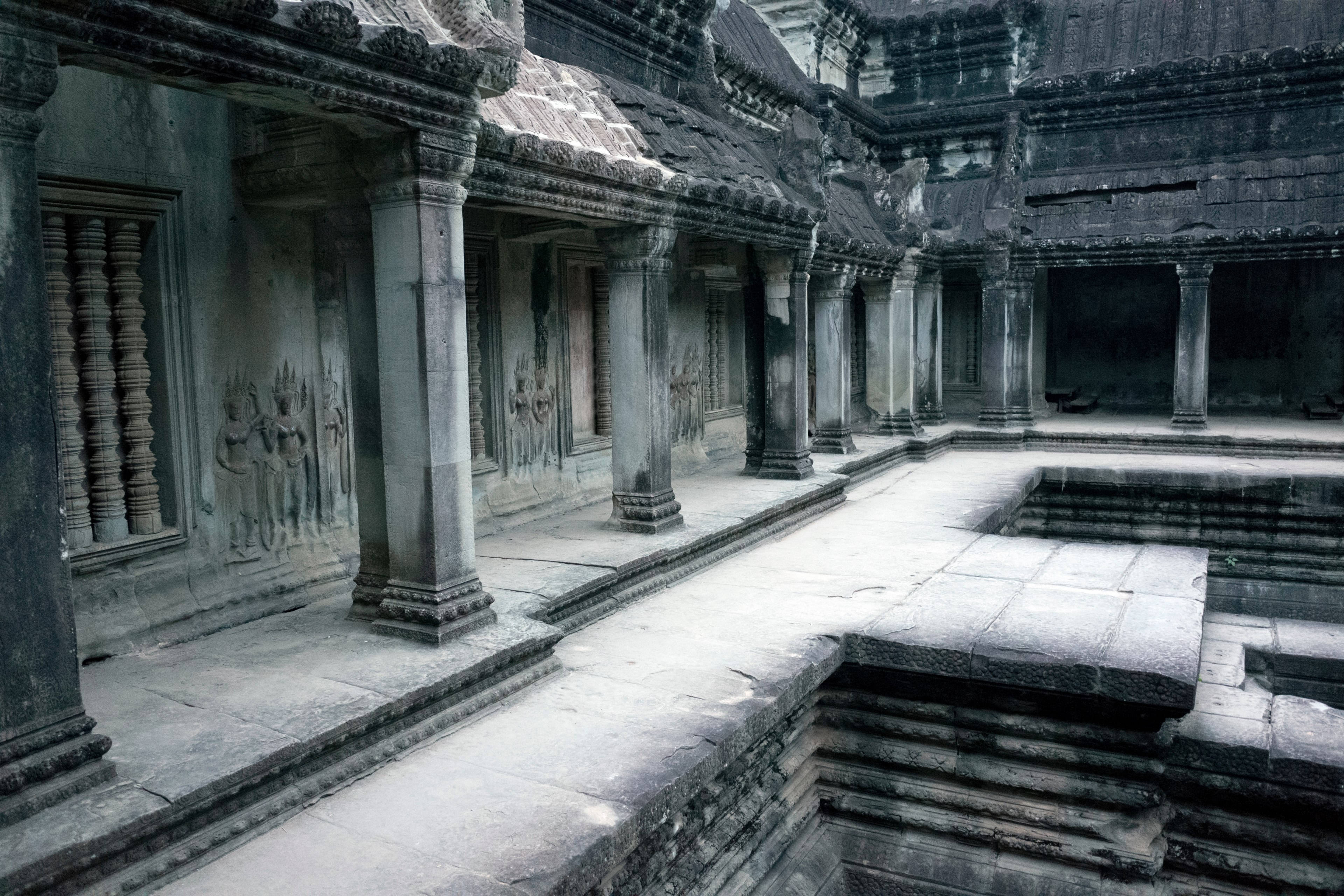Angkor Wat, stone temple, courtyard, 4K Desktop Wallpaper