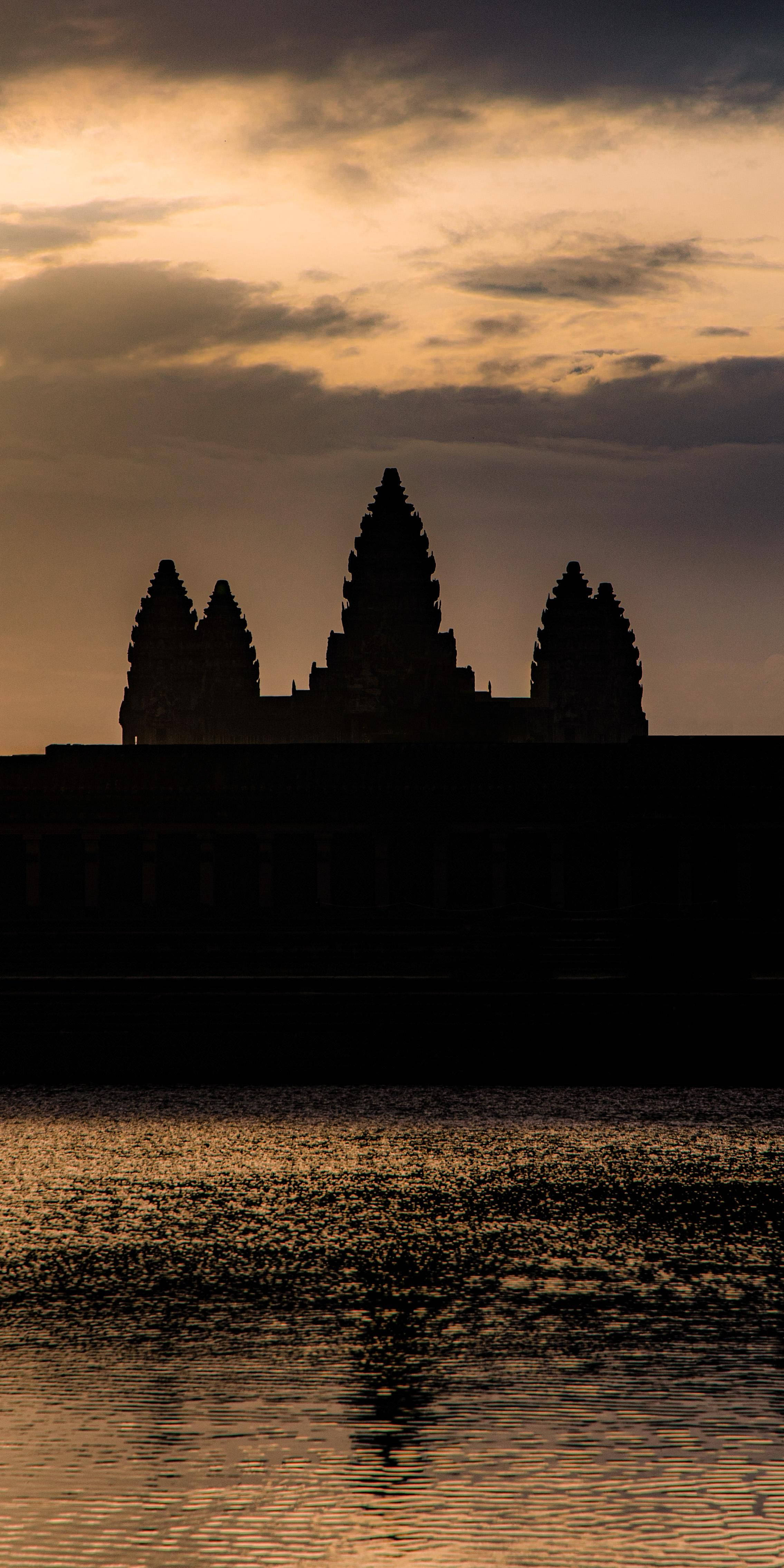 Angkor Wat, golden sunset, calm waters, 4K Phone Wallpaper