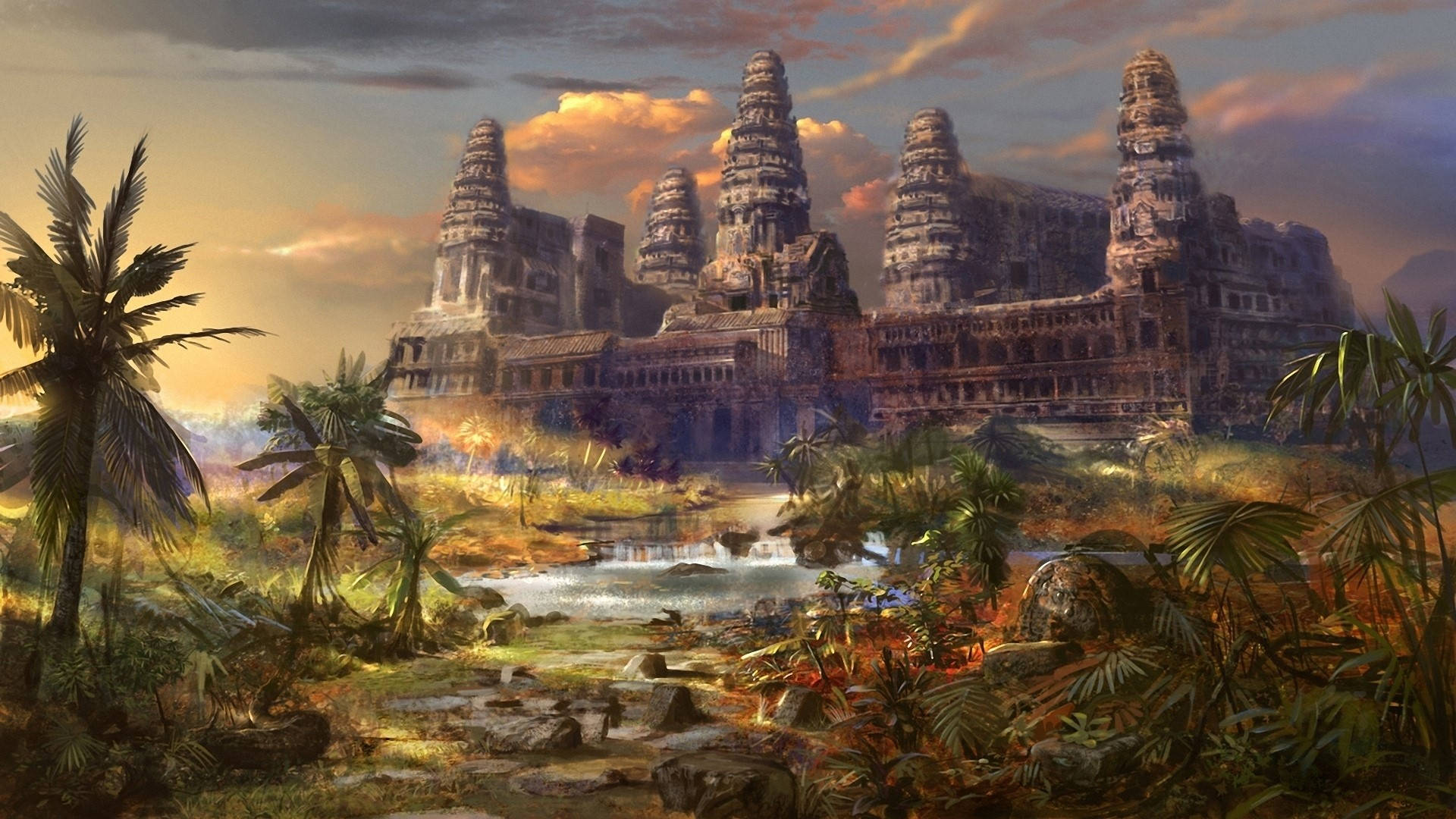 Angkor Wat, jungle valley, golden sunset, Full HD Desktop Wallpaper