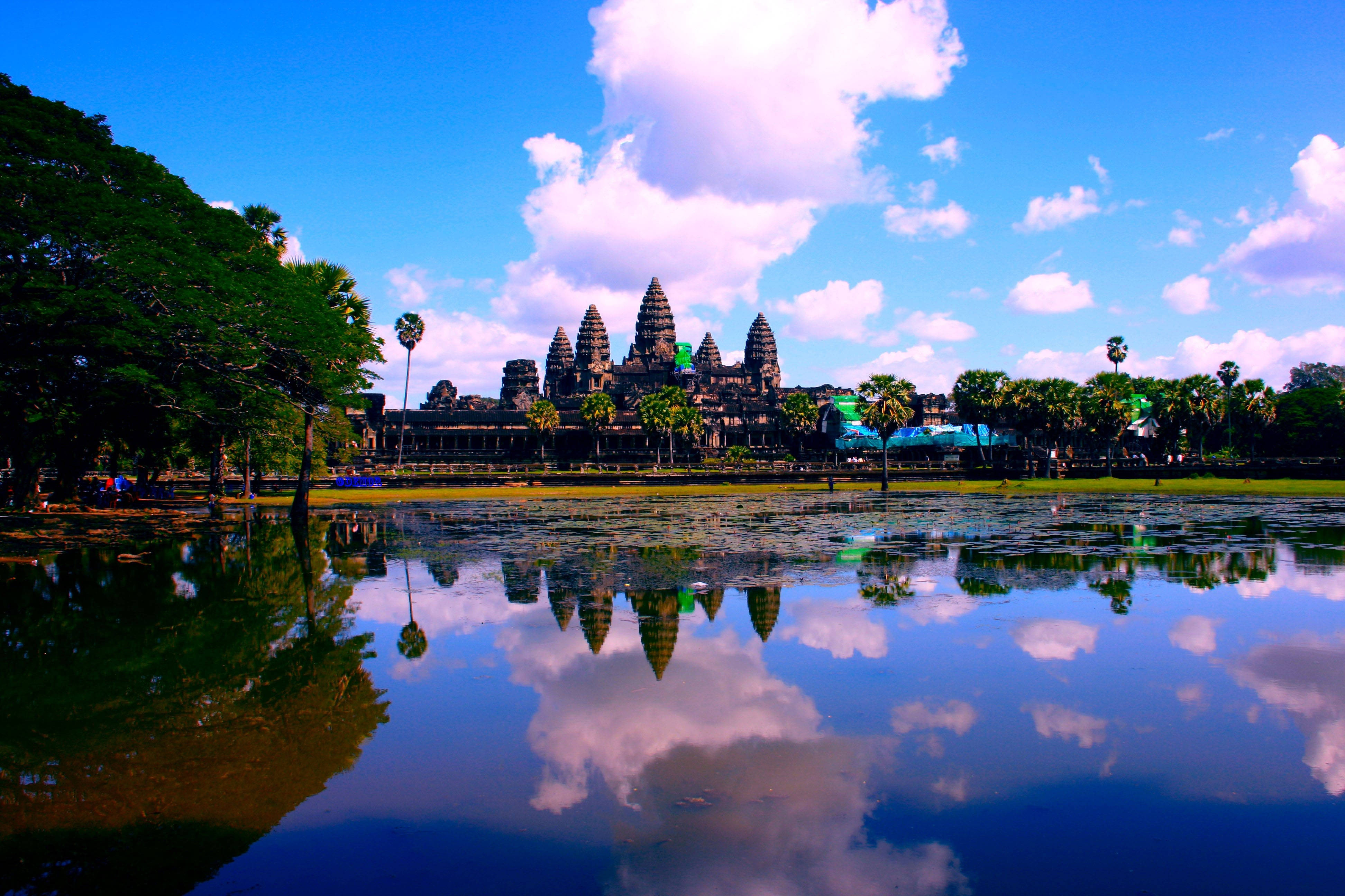 Angkor Wat, pink and blue sky, calm pond, 4K Desktop Wallpaper