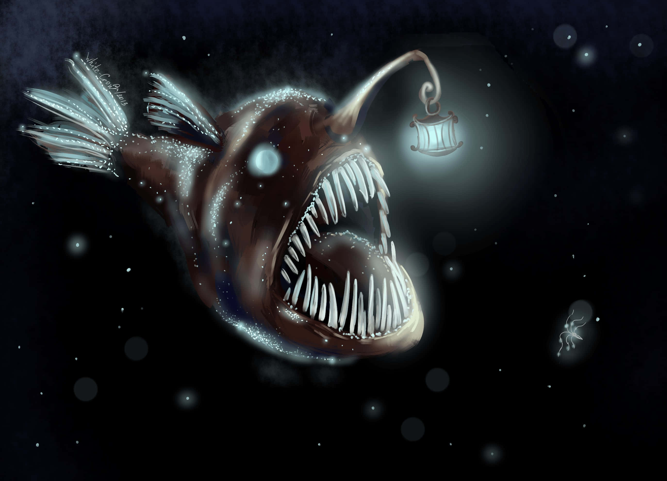 deep sea anglerfish, glowing lure, sharp teeth, 2K Desktop Wallpaper