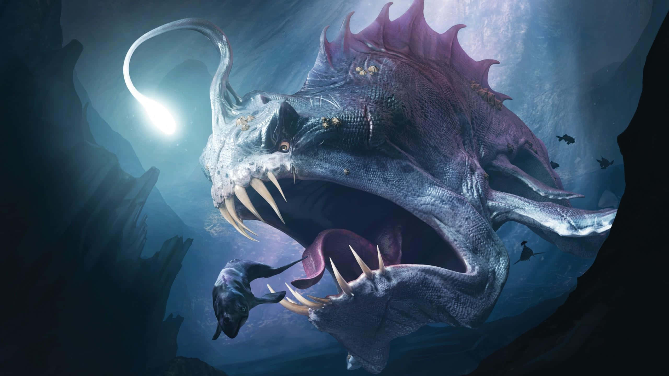 anglerfish, glowing lure, jagged teeth, 2K Desktop Wallpaper
