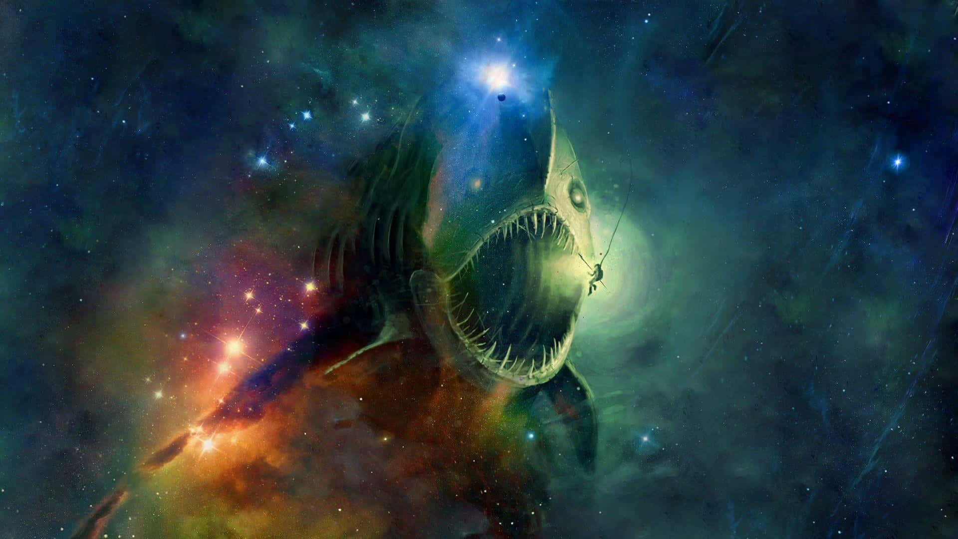 Cosmic Anglerfish, glowing eyes, sharp teeth, Full HD Desktop Wallpaper