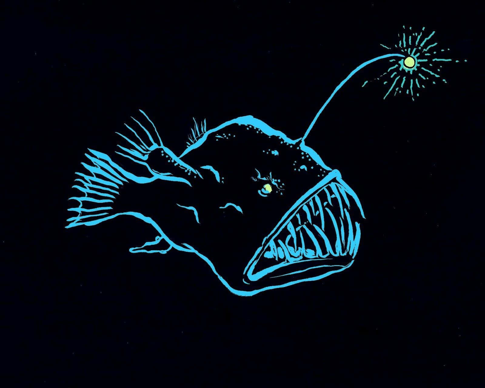 glowing blue anglerfish, bioluminescent lure, pitch-black ocean backdrop, HD Desktop Wallpaper